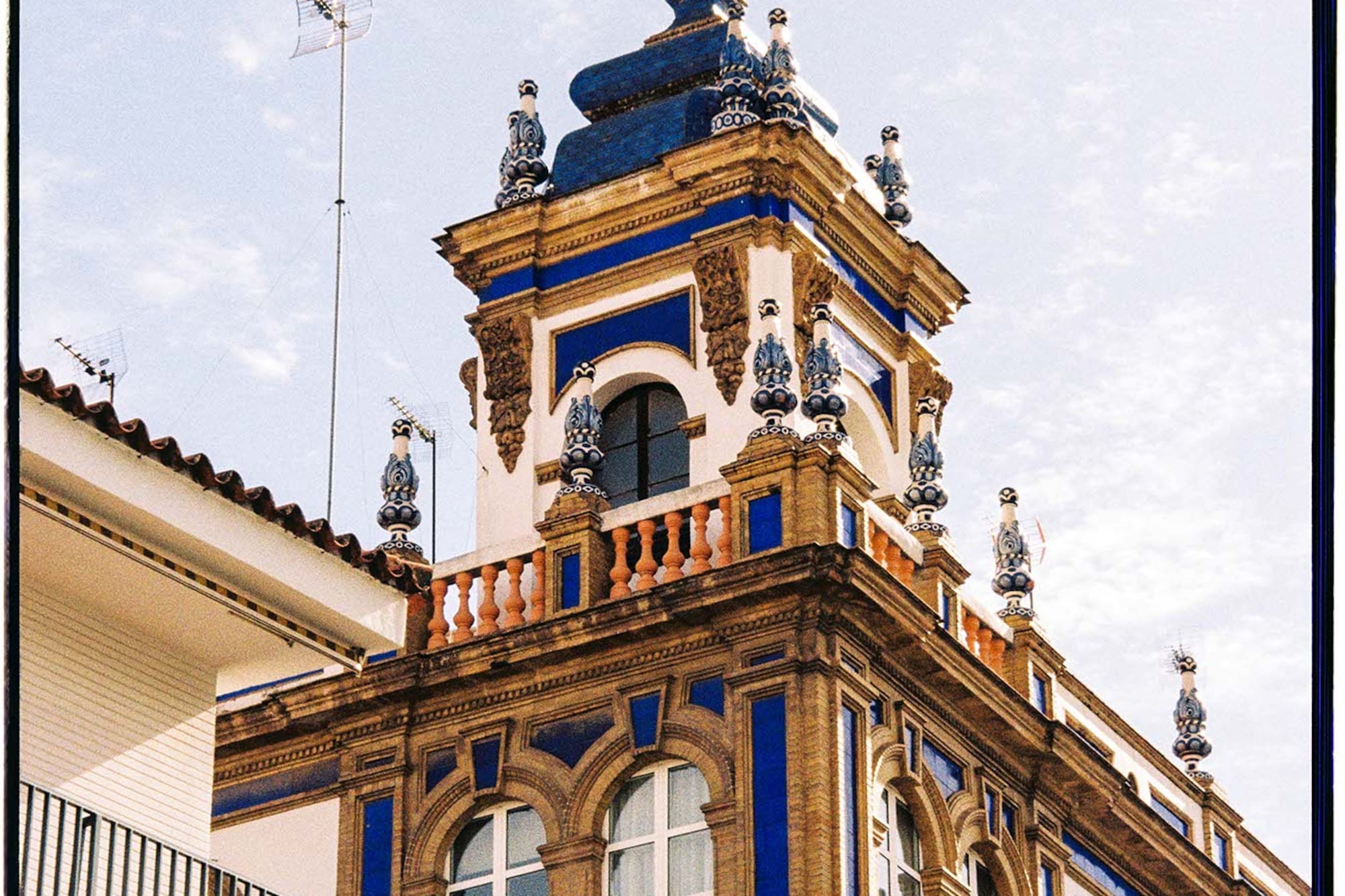 a building with blue and white trim