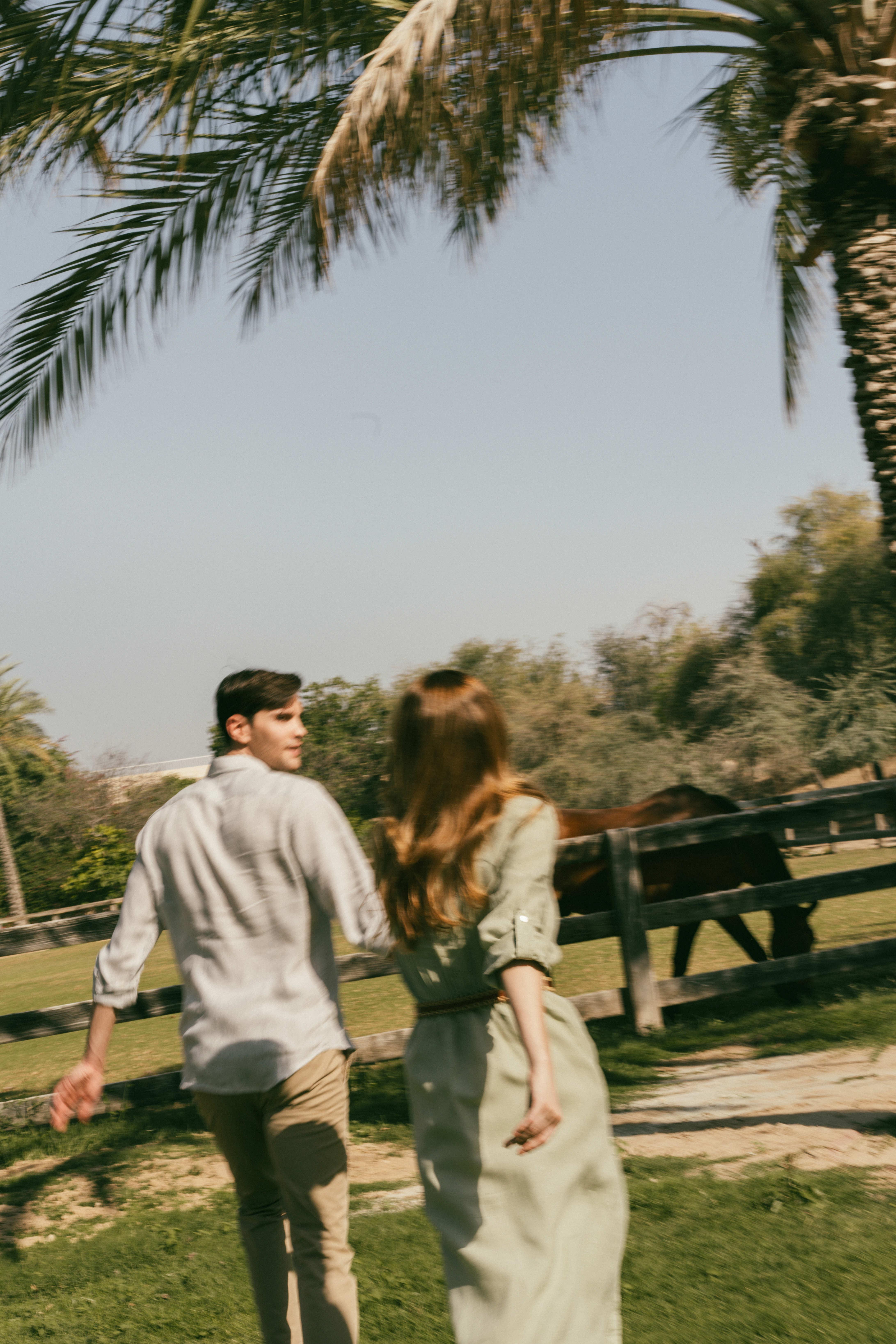 Couple strolling by horse fence and palm trees at a sunny ranch.