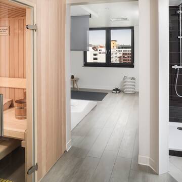 a room with a sauna and a shower