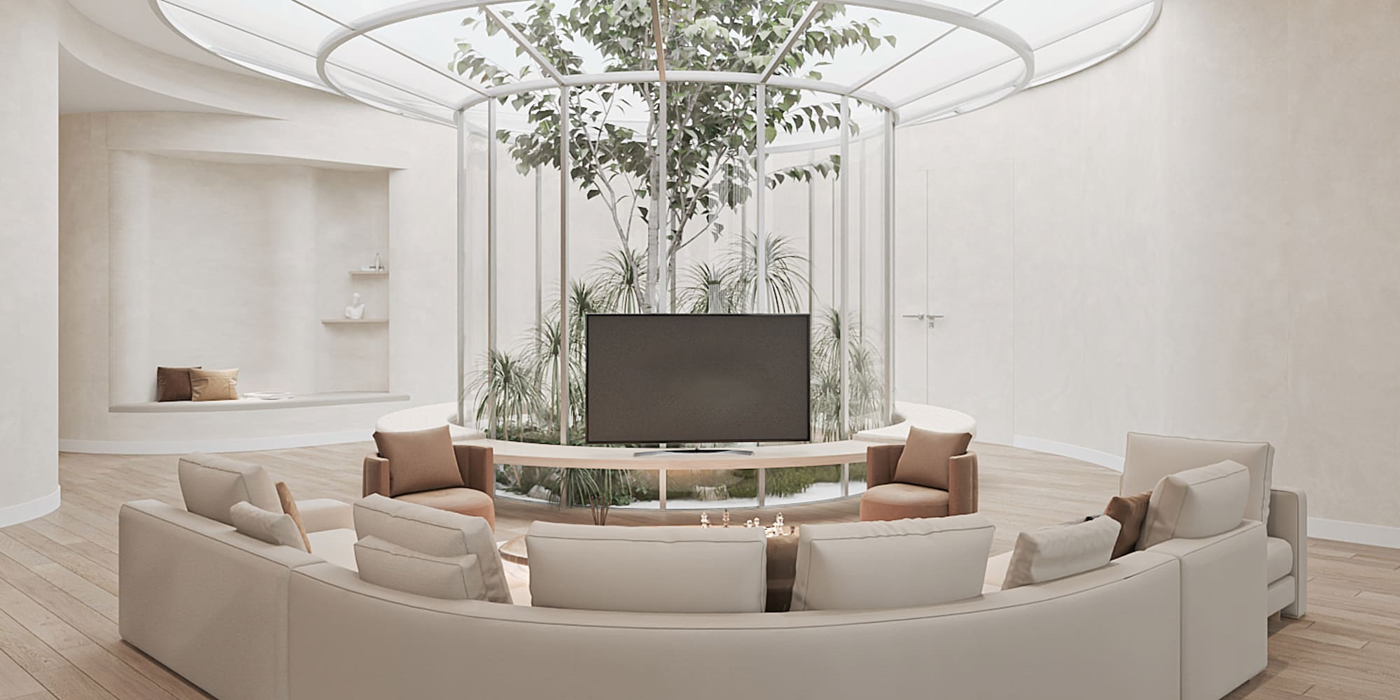 a room with a round table and a television