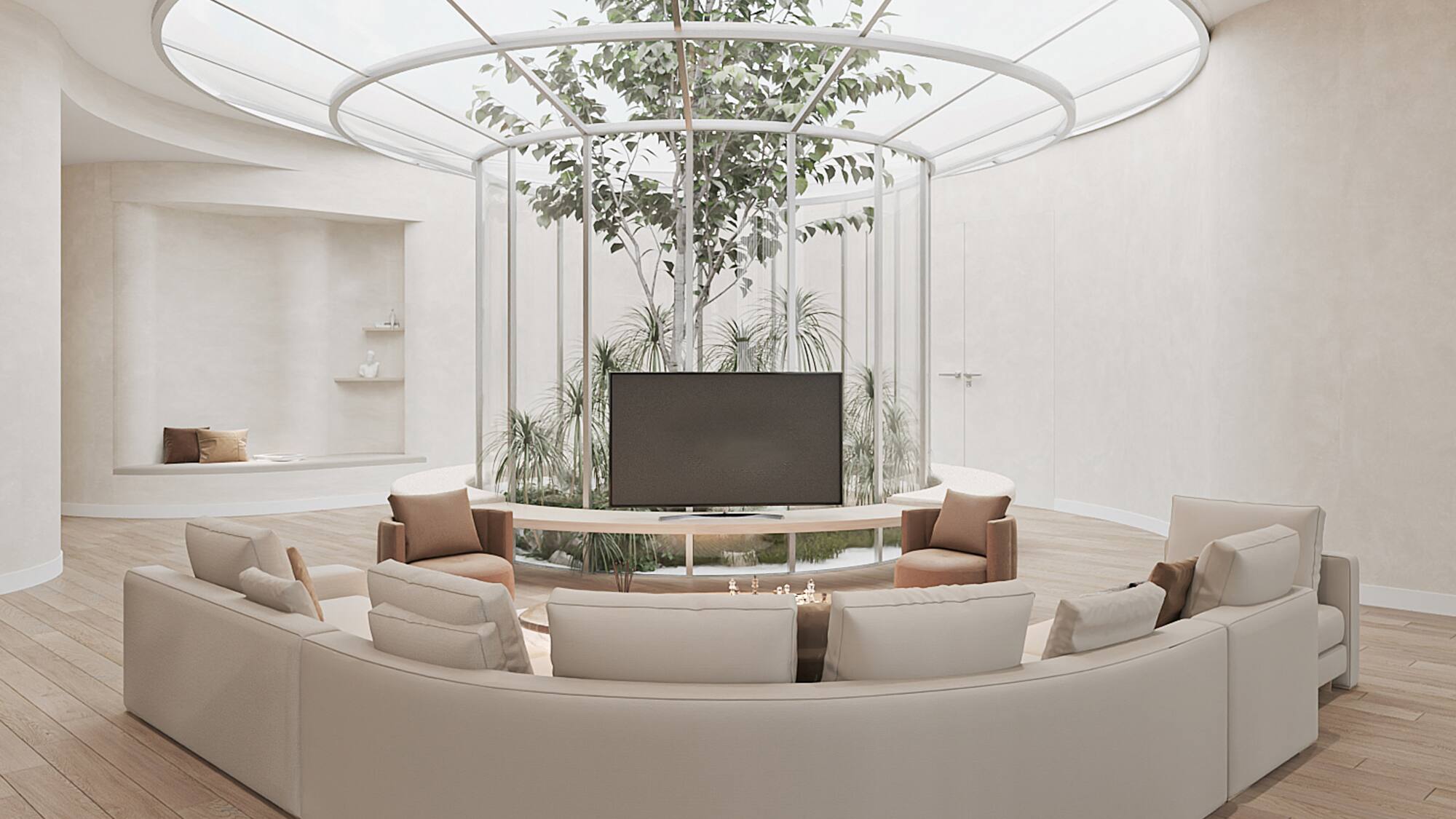 a room with a round table and a television