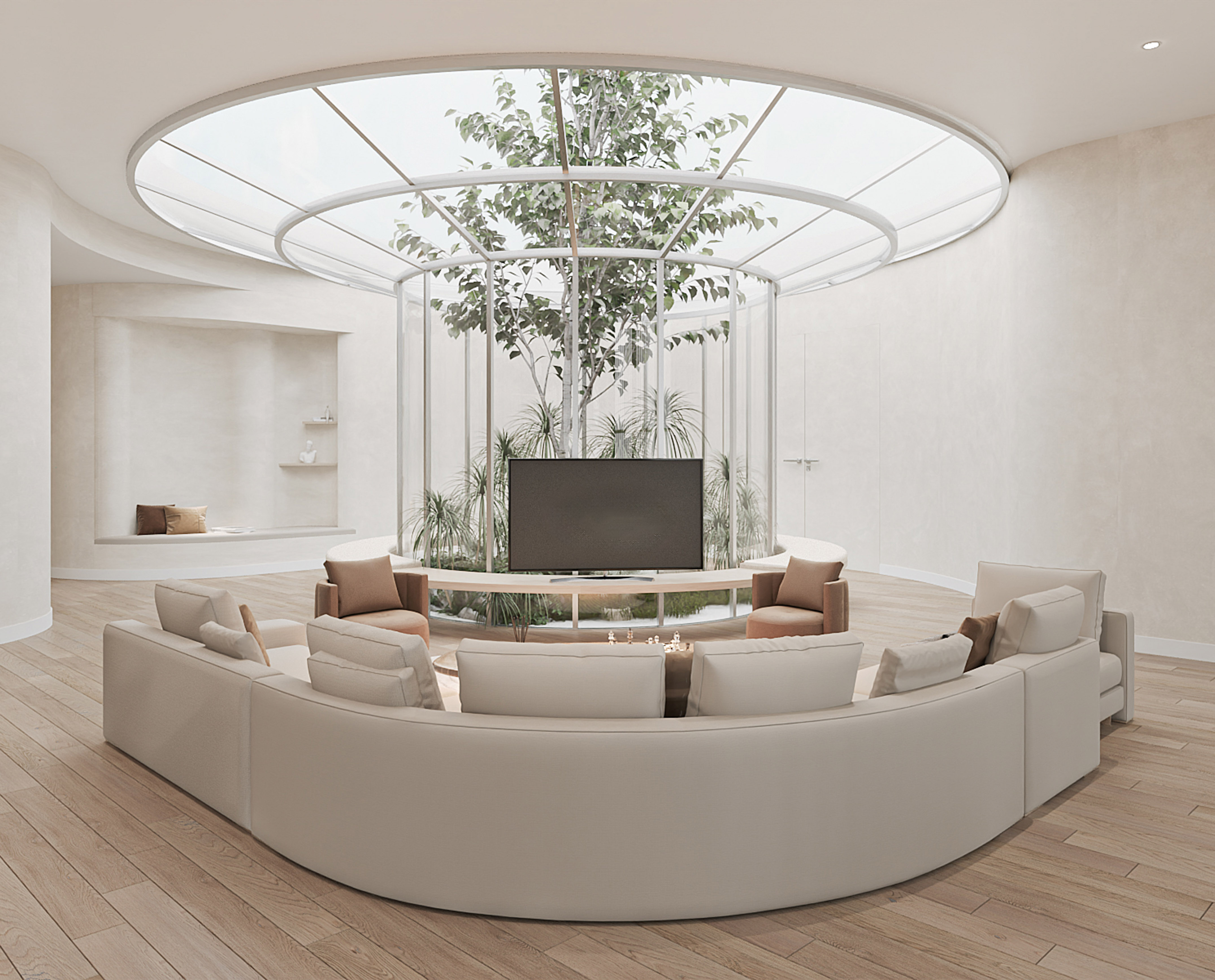 a room with a round table and a television