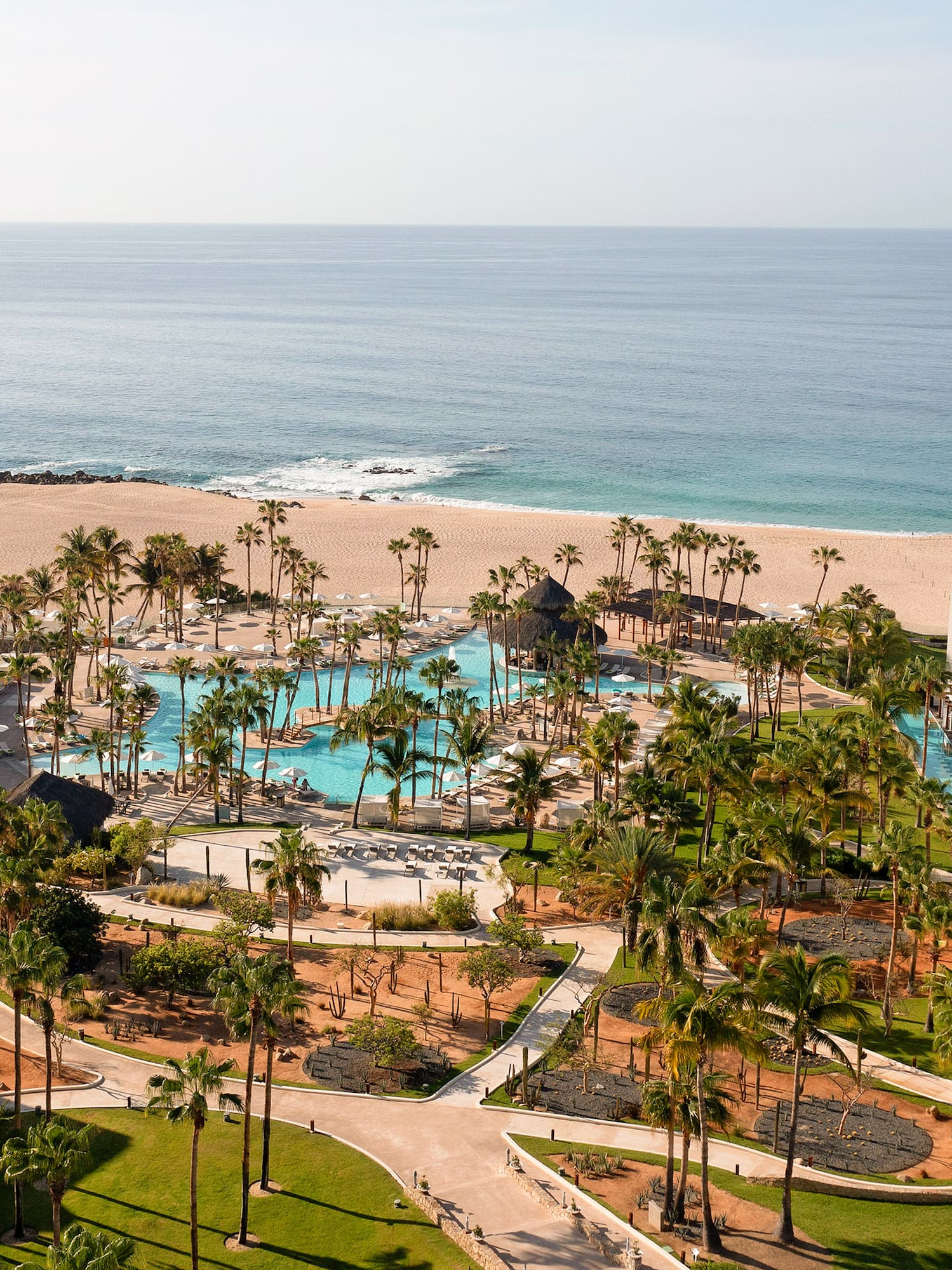 Aerial view of luxury beachfront resort with large swimming pool, palm trees, and ocean. - Paradisus Los Cabos - Adults Only, Los Cabos