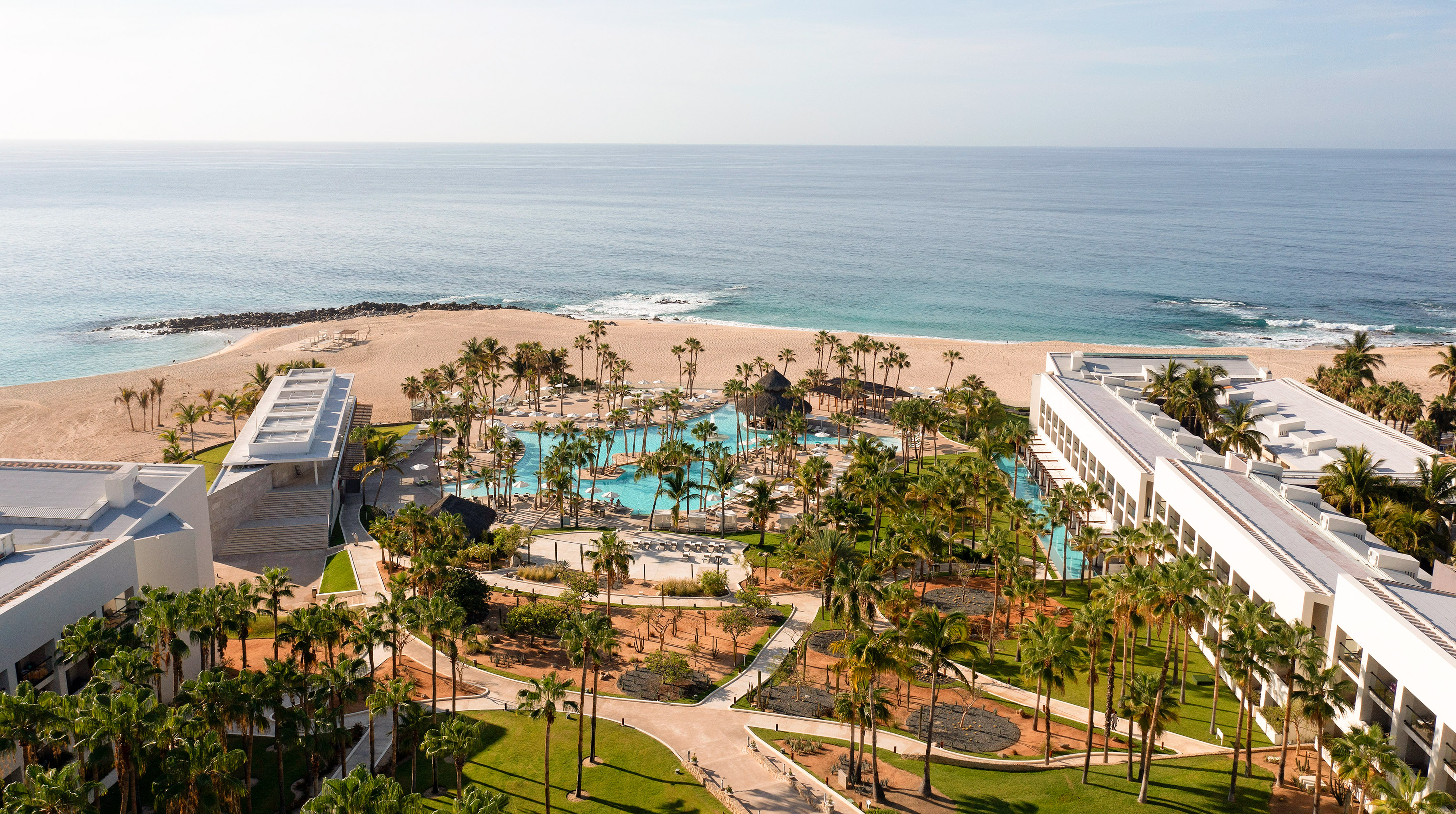 Aerial view of luxury beachfront resort with large swimming pool, palm trees, and ocean. - Paradisus Los Cabos - Adults Only, Los Cabos