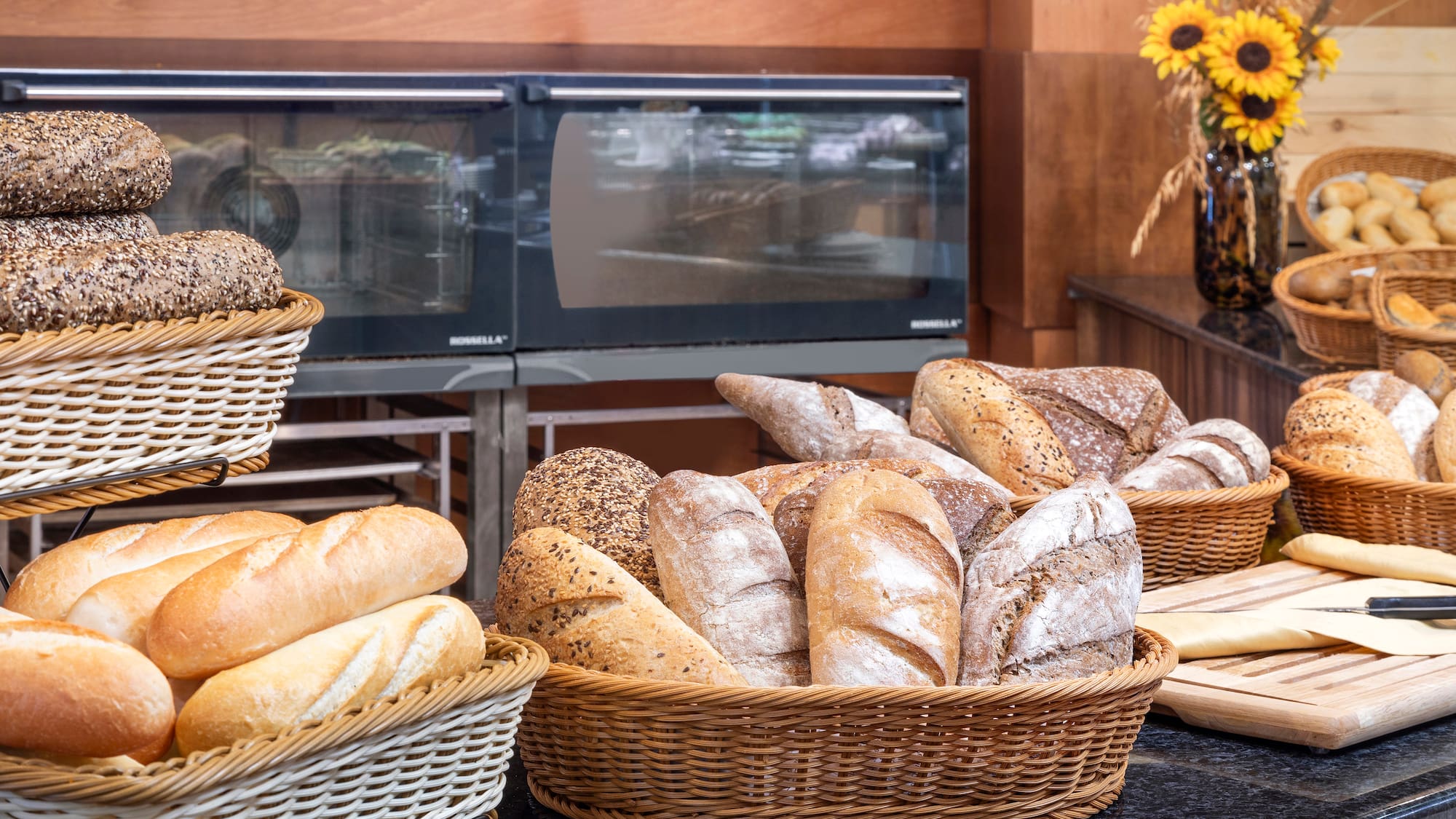 a group of baskets of bread