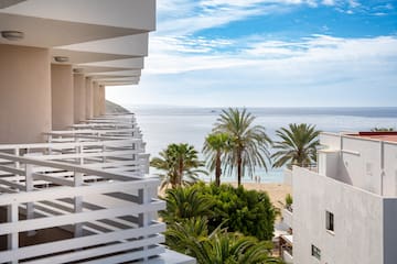 a view of a beach from a hotel