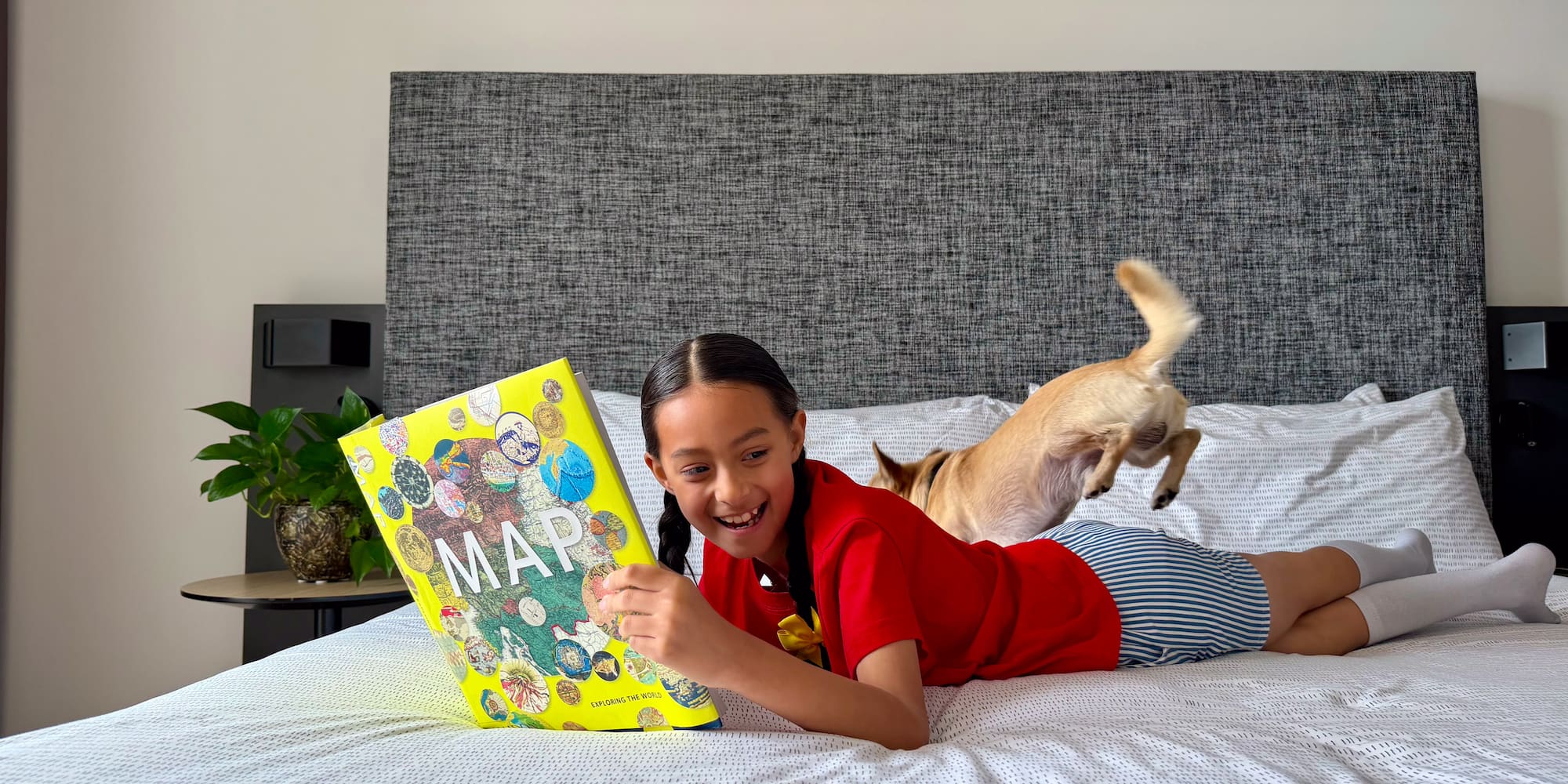 Happy girl reading "MAP" book on bed with playful dog.