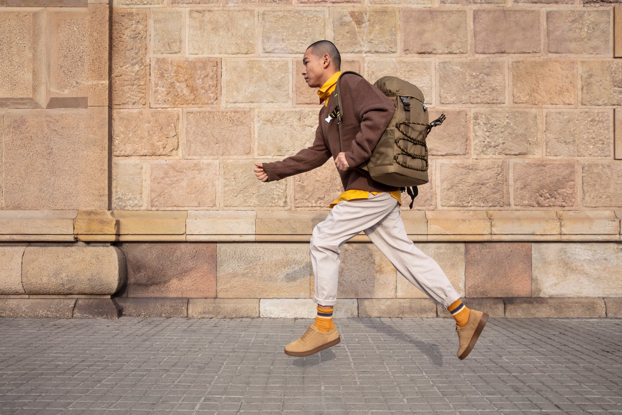 a man running with a backpack