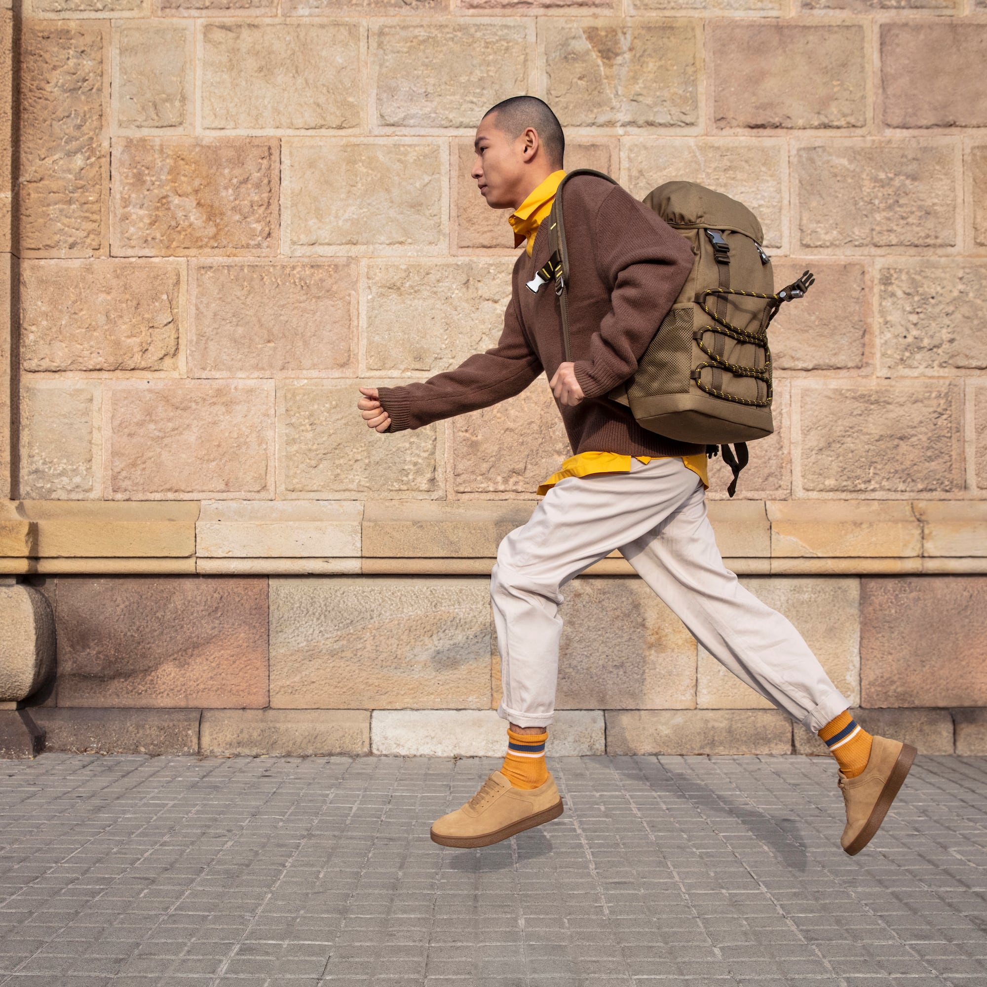 Hombre corriendo con mochila oliva, suéter marrón y zapatillas camel en calle.