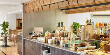 a counter with food items on it