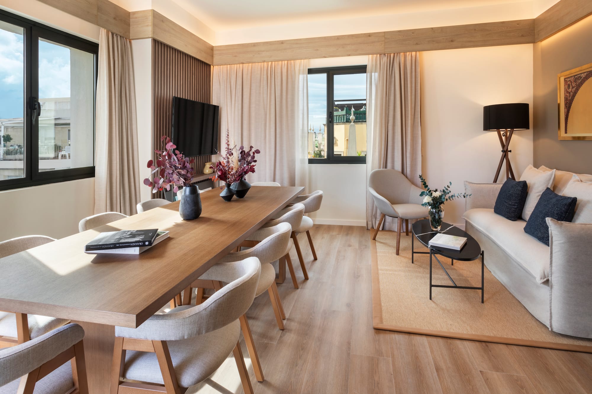 a room with a table and chairs