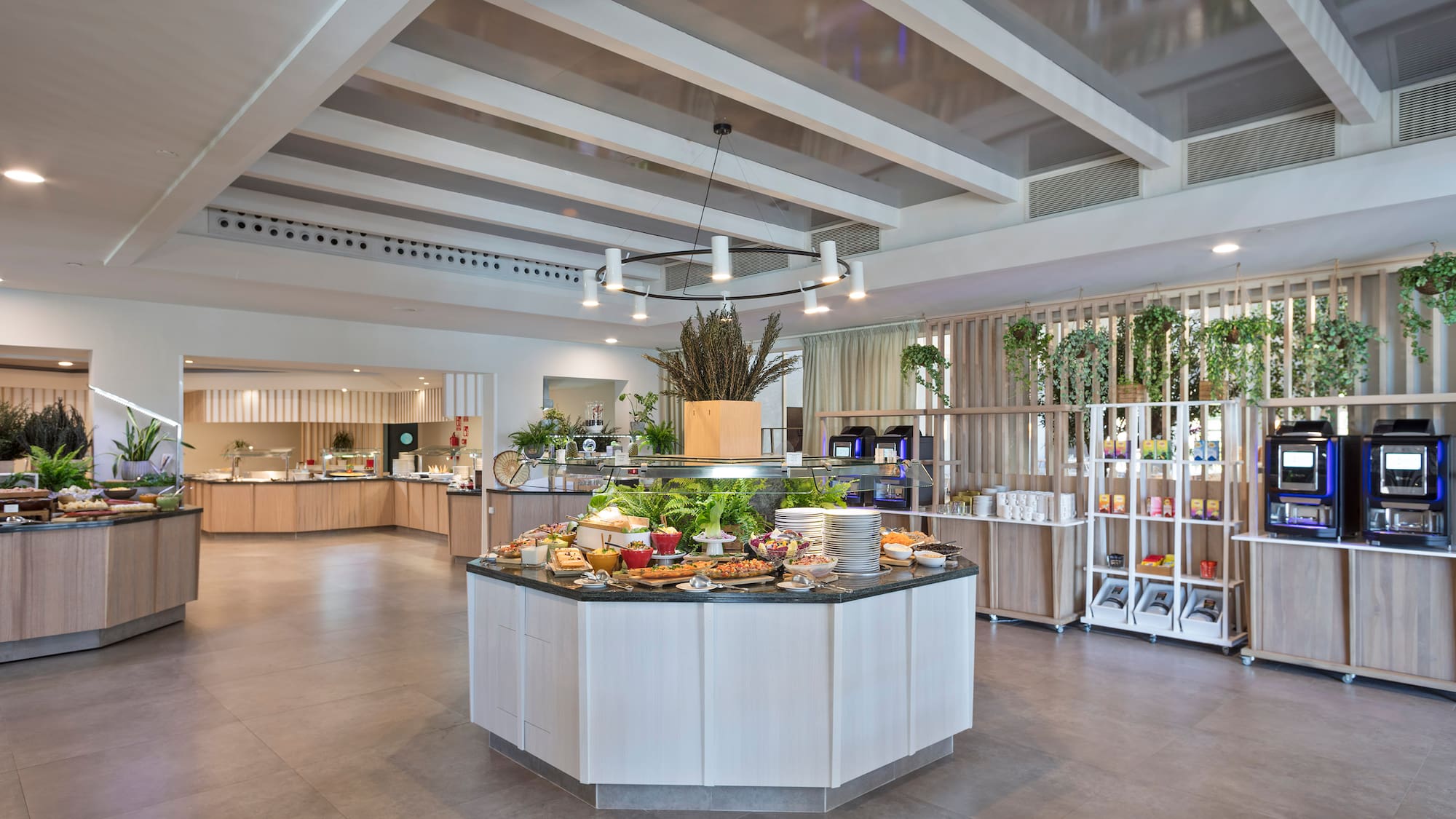 a food and drink buffet in a restaurant
