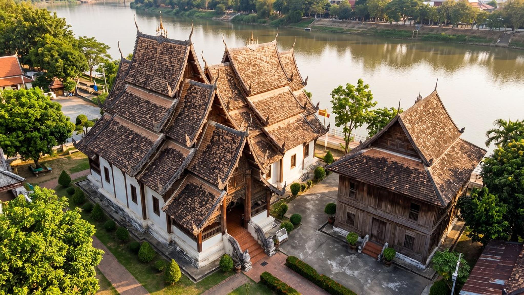 Thai temple complex by river with traditional roofs and wooden buildings.