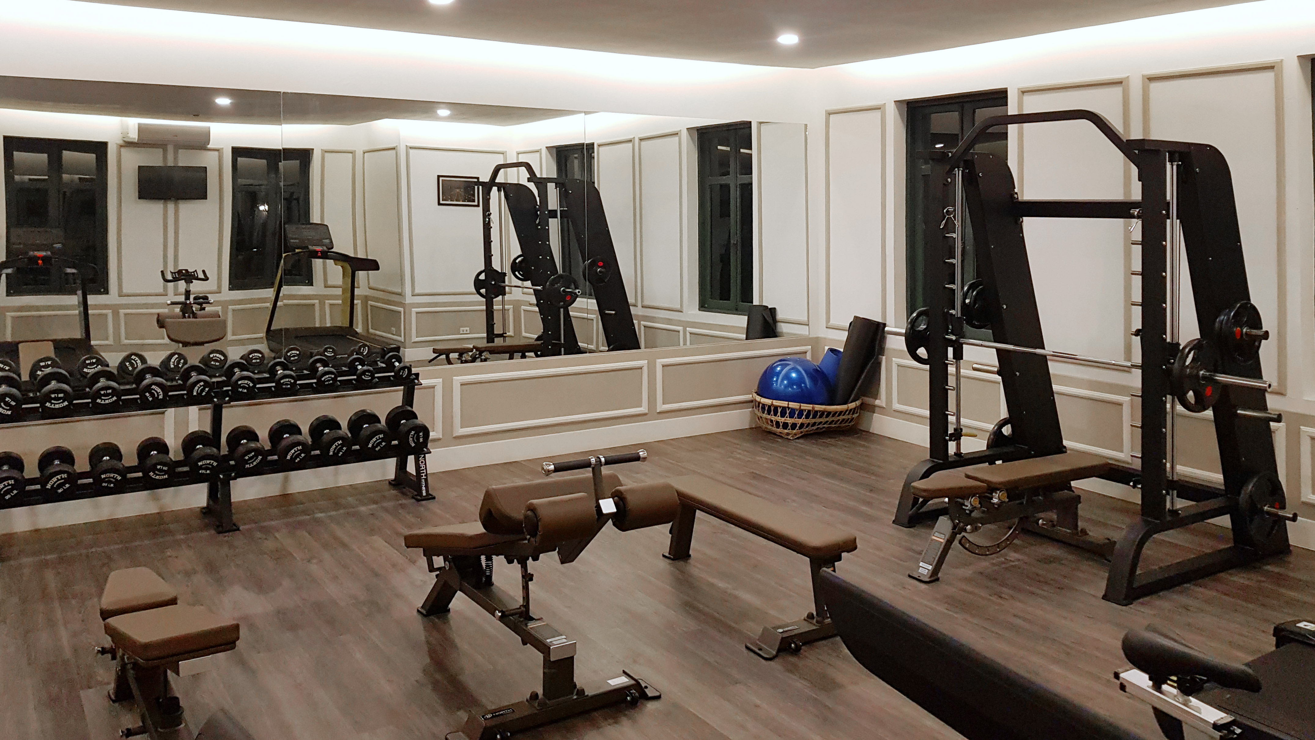 Elegant gym with dumbbells, treadmill, weight bench, and smith machine.