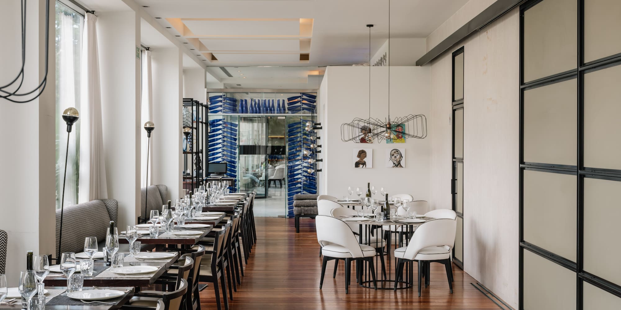 a room with tables and chairs