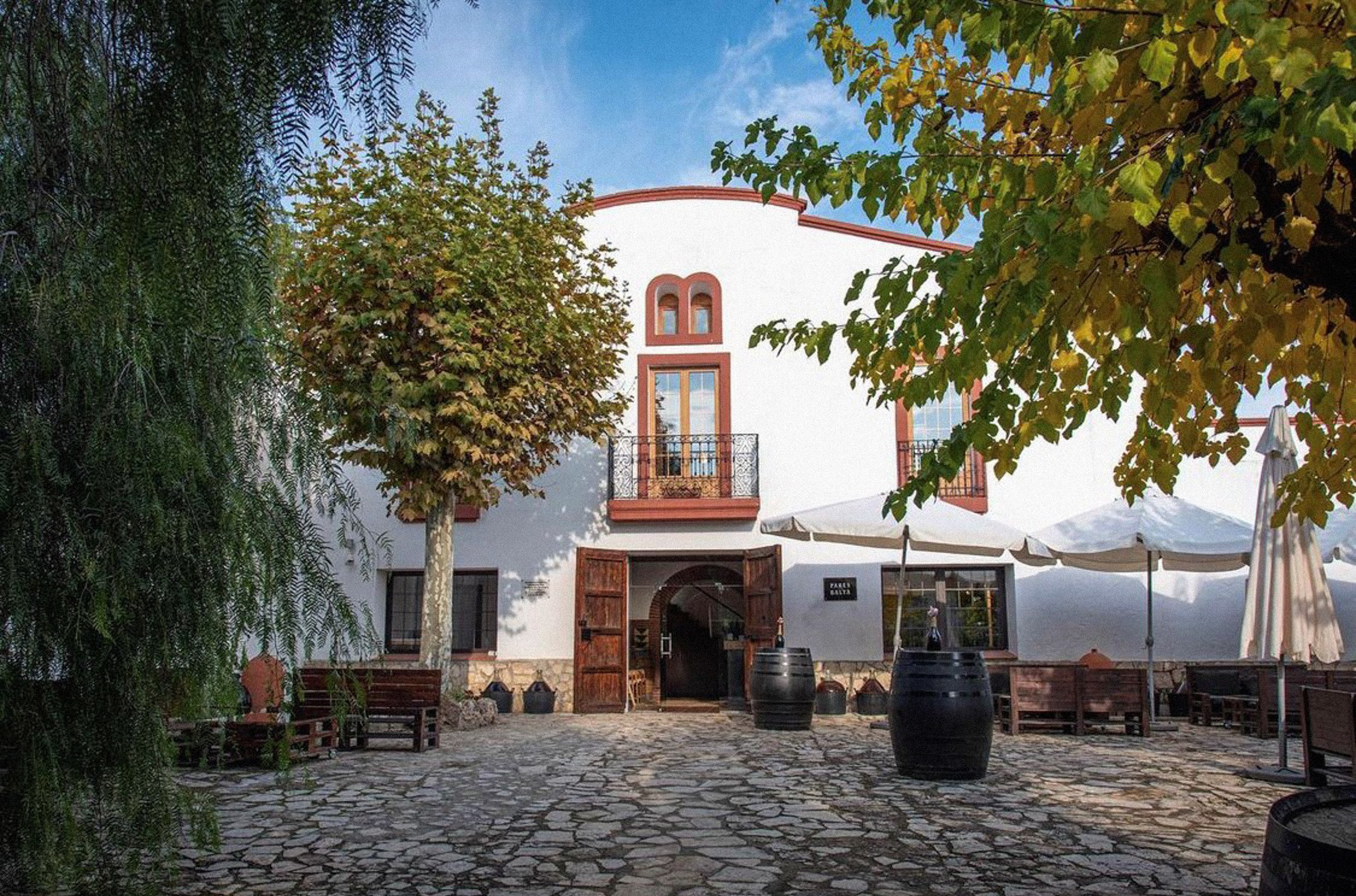 Pares Balta winery facade, white building, open doors, cobblestone courtyard, barrels.