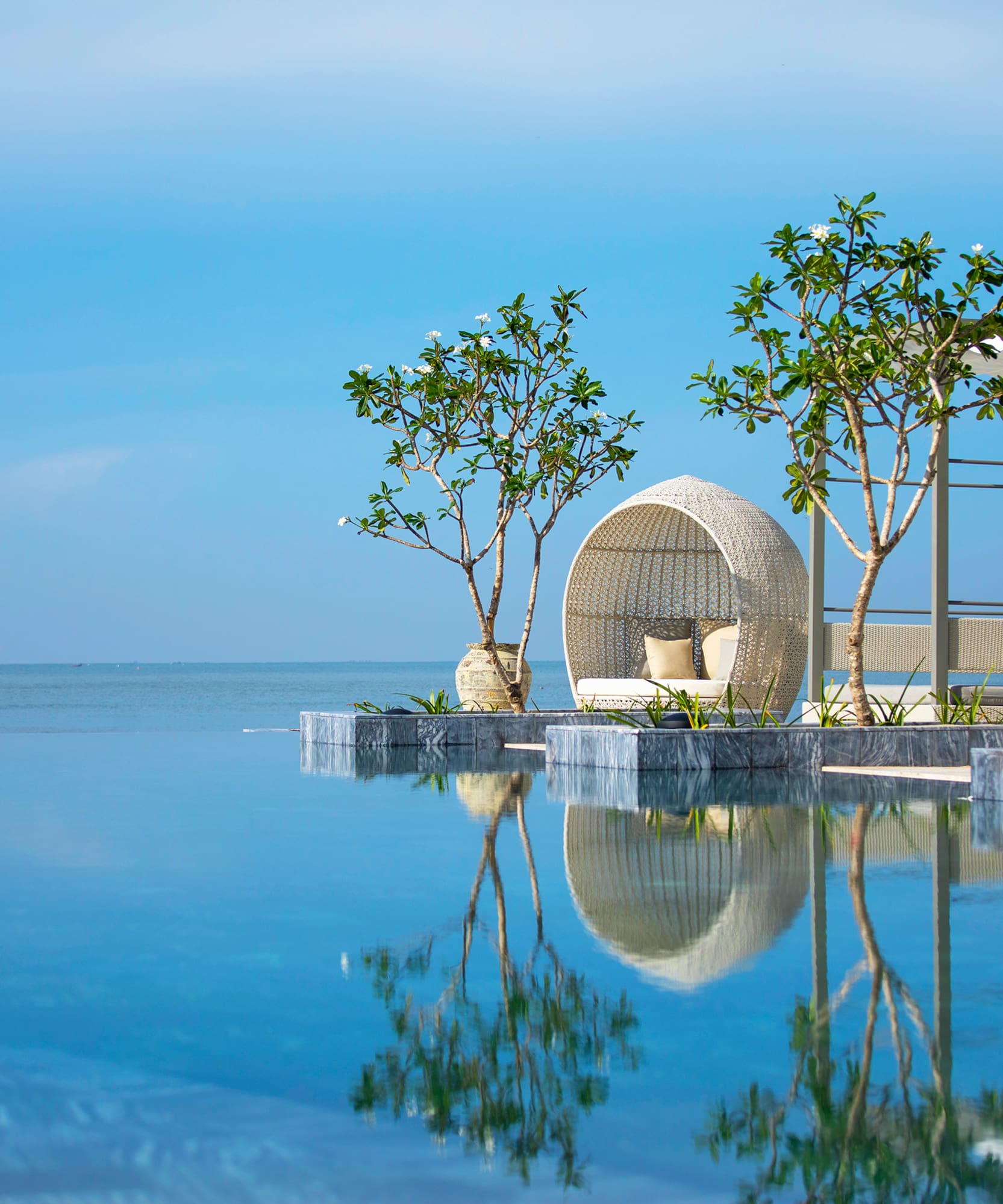 a pool with a chair and trees