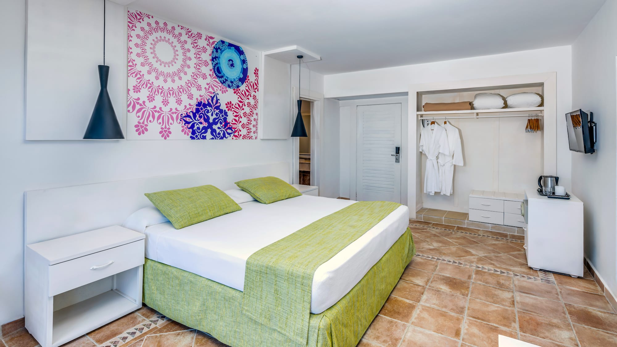 a bedroom with a bed and a closet