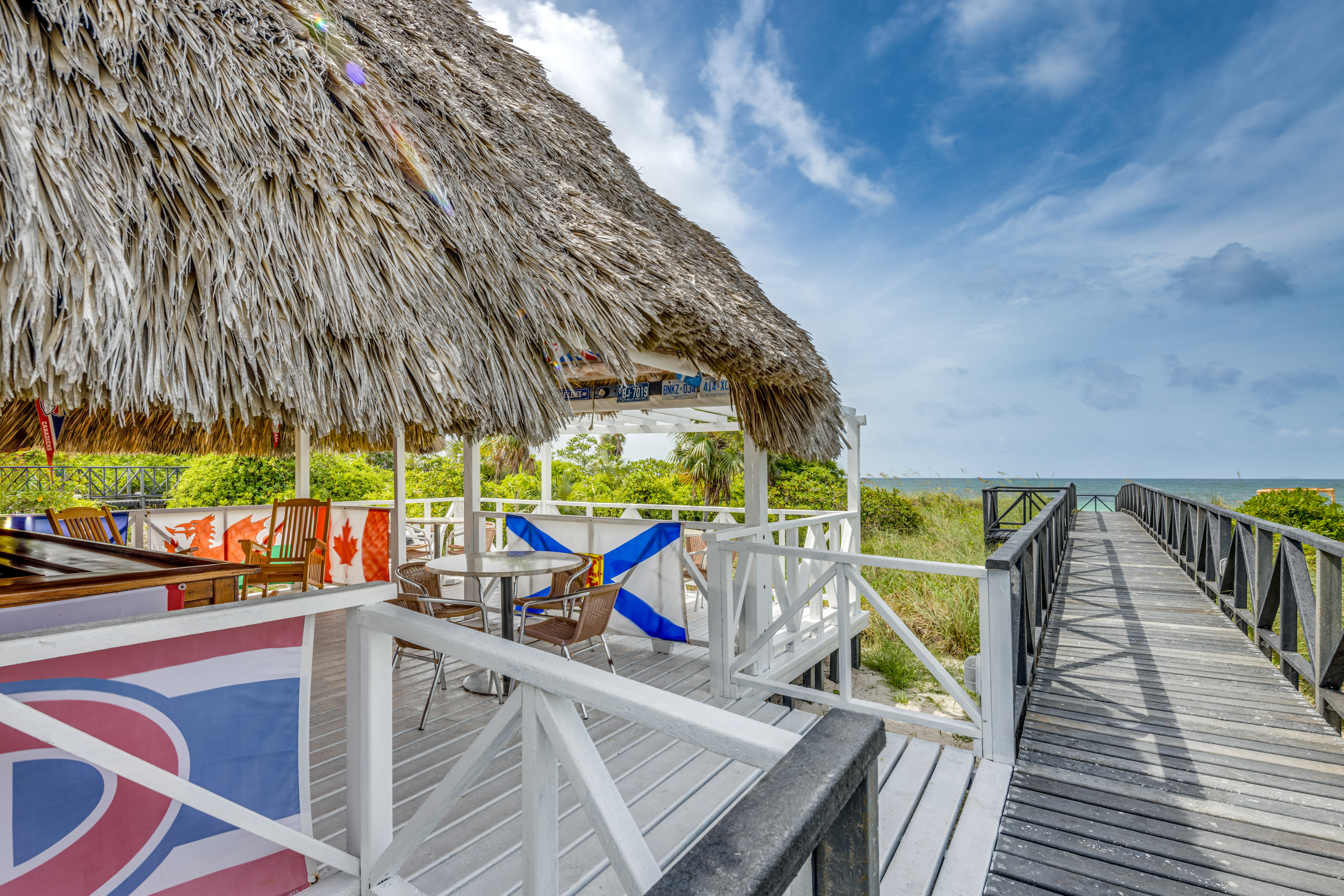a beach bar with a thatched roof