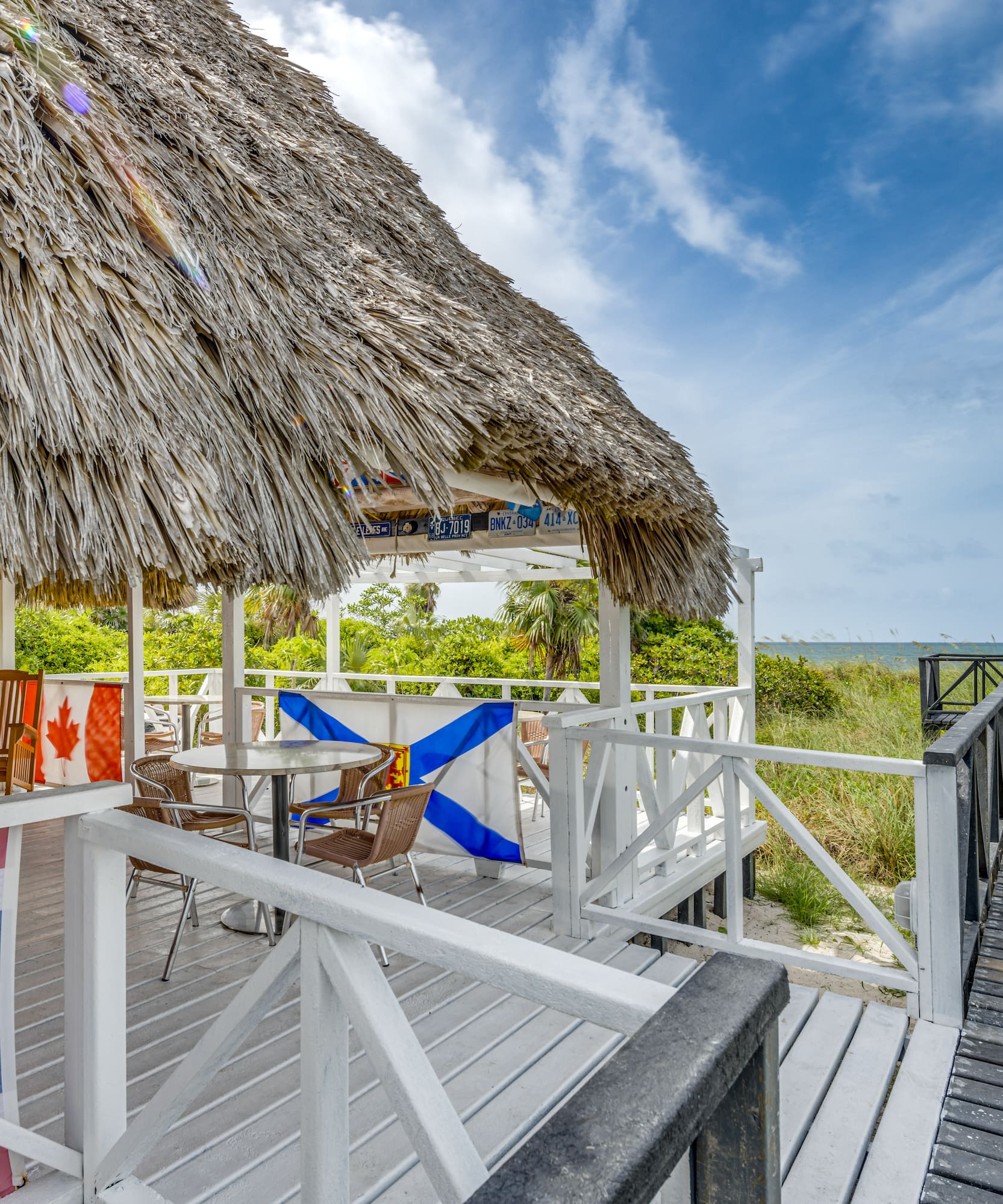 a beach bar with a thatched roof