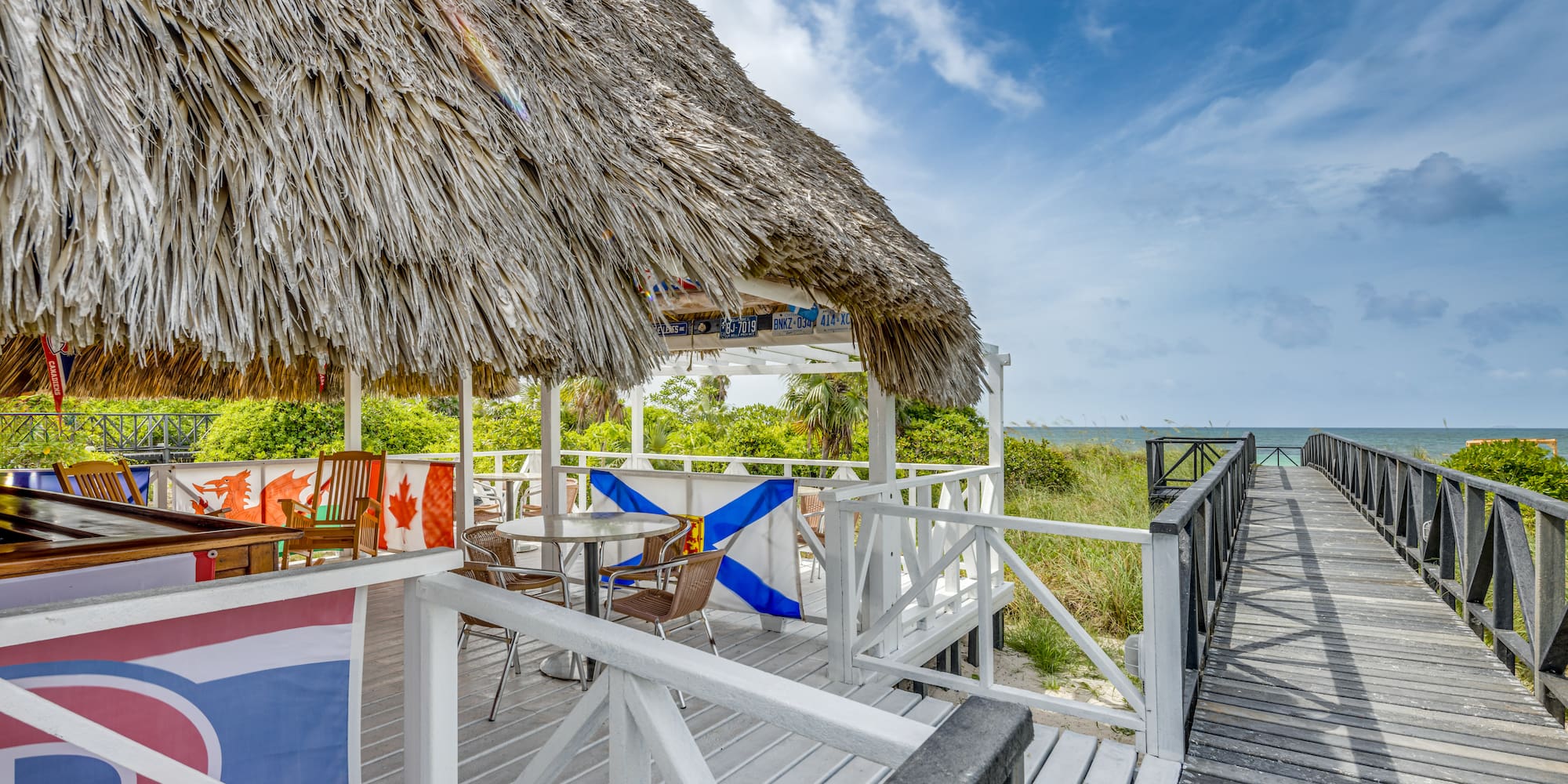 a beach bar with a thatched roof