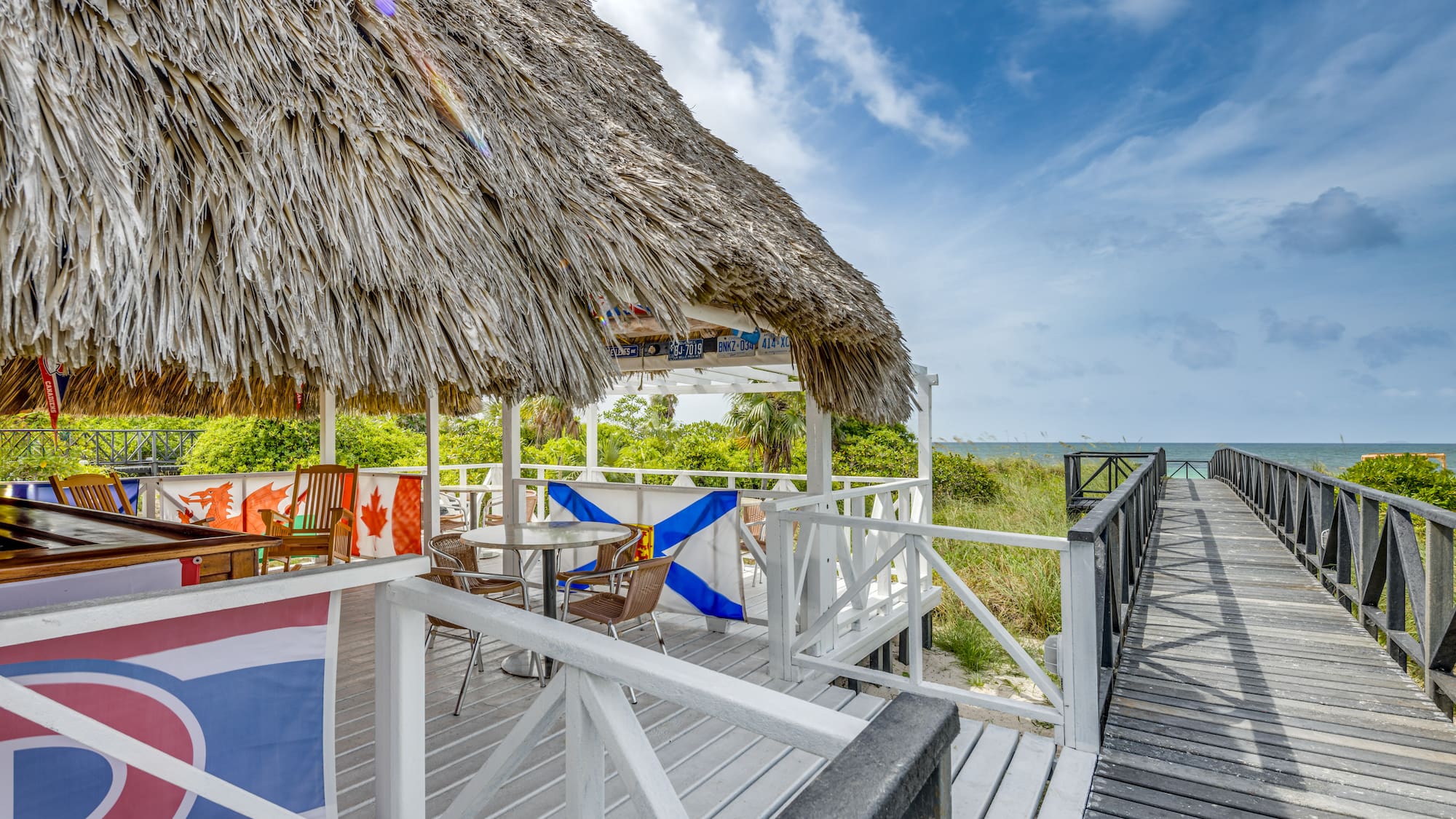 a beach bar with a thatched roof