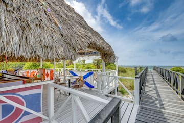 a beach bar with a thatched roof