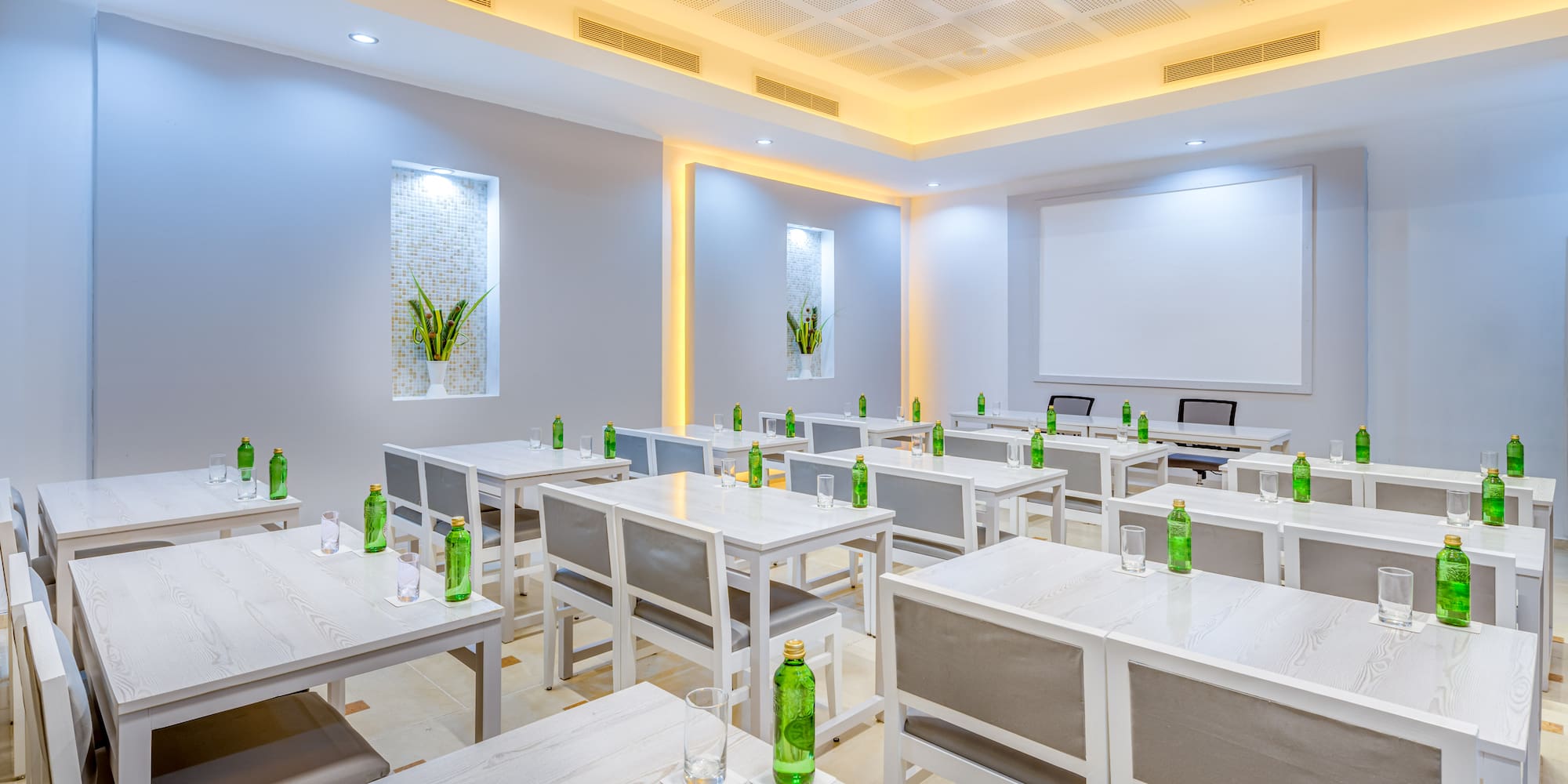 a room with tables and chairs