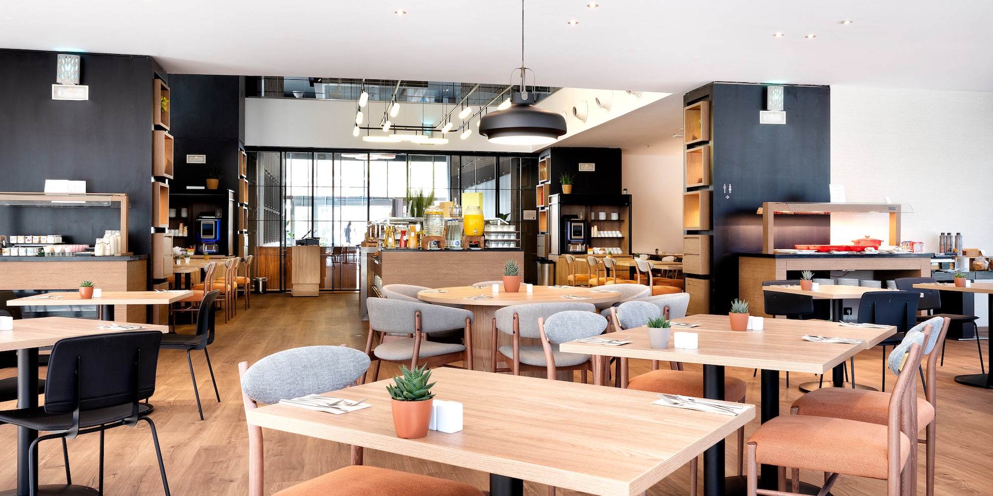 a room with tables and chairs