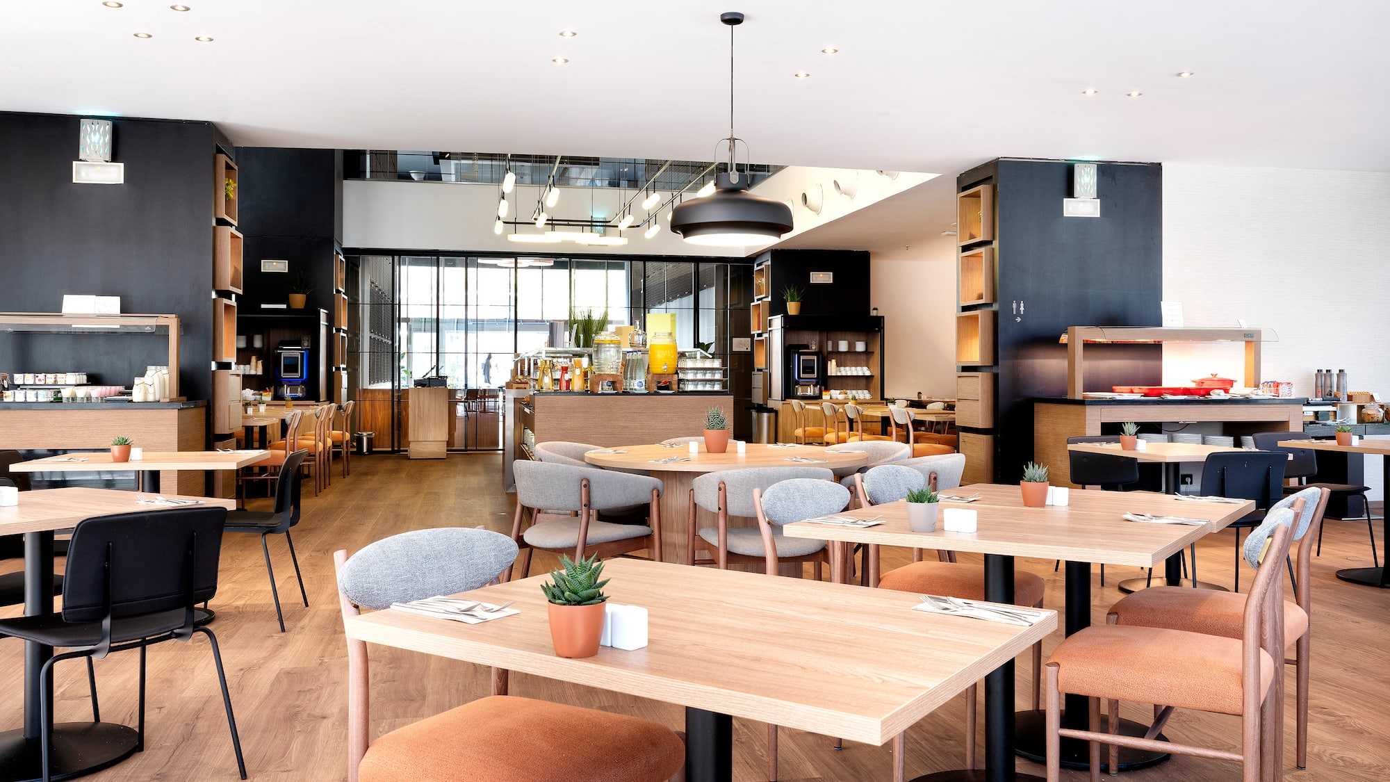 a room with tables and chairs