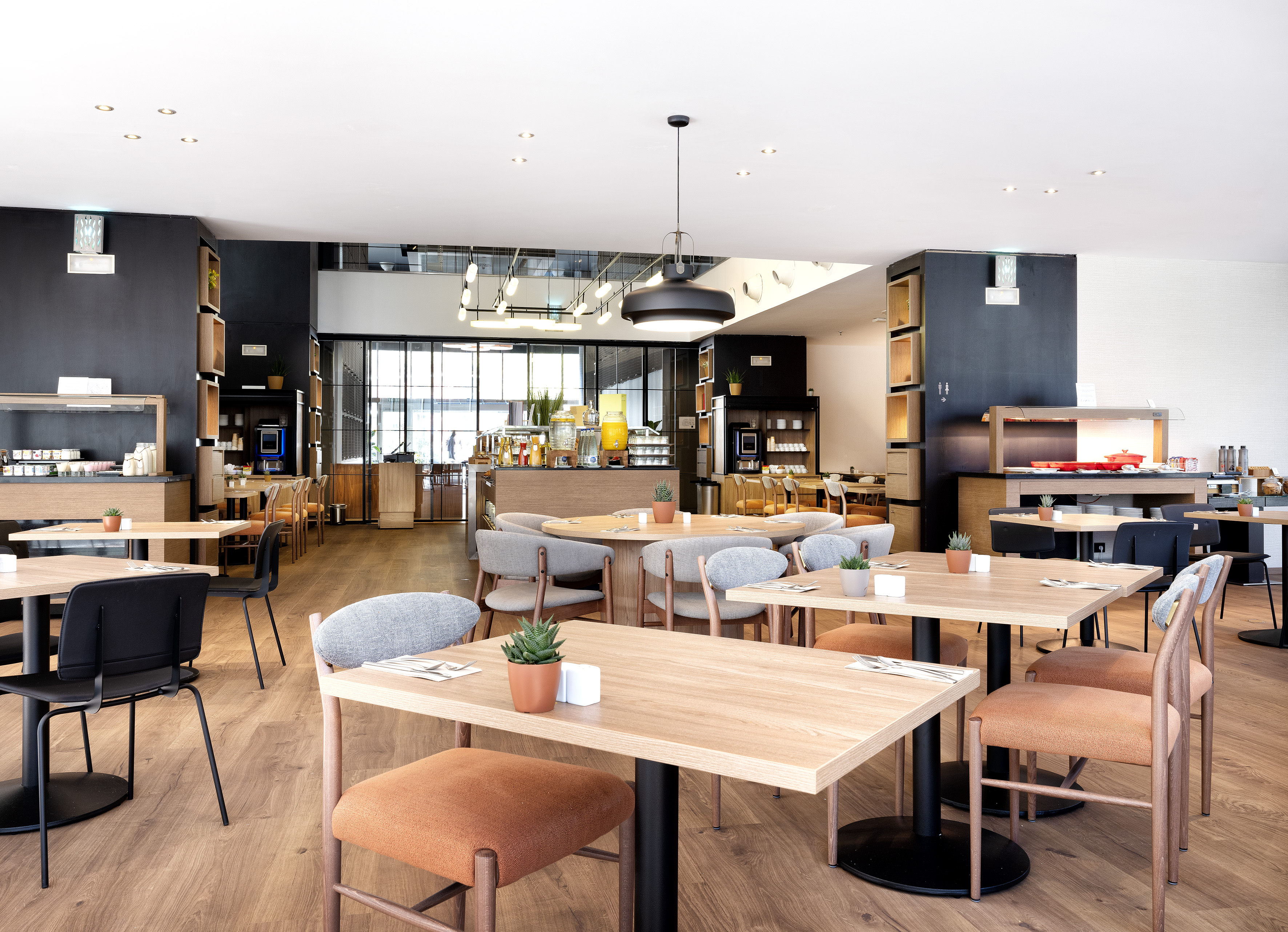 a room with tables and chairs