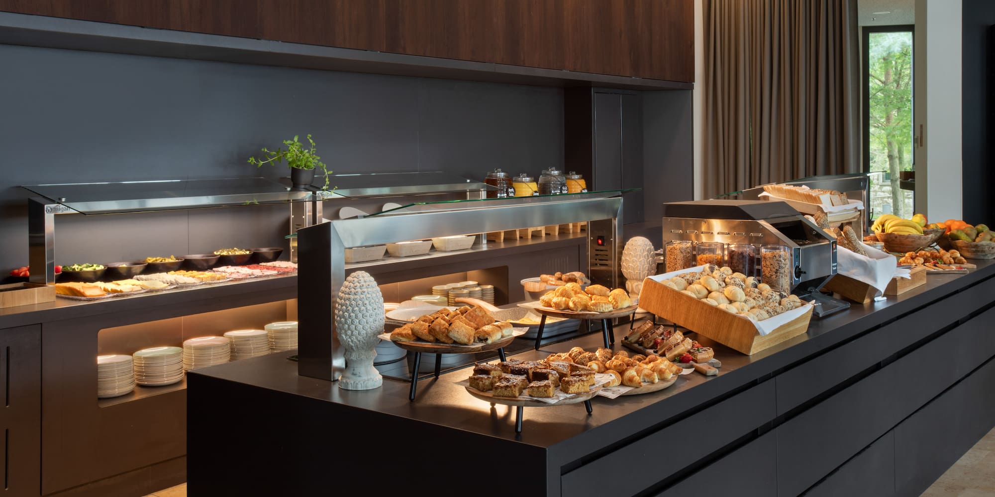 a buffet with food on the counter