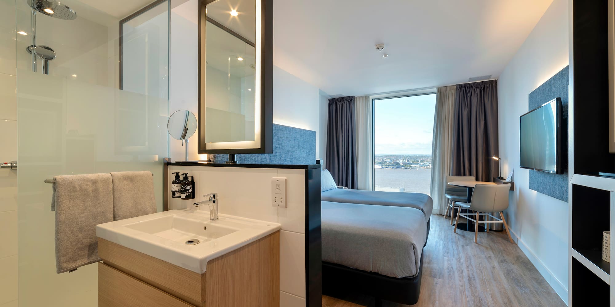 a room with a bed and sink