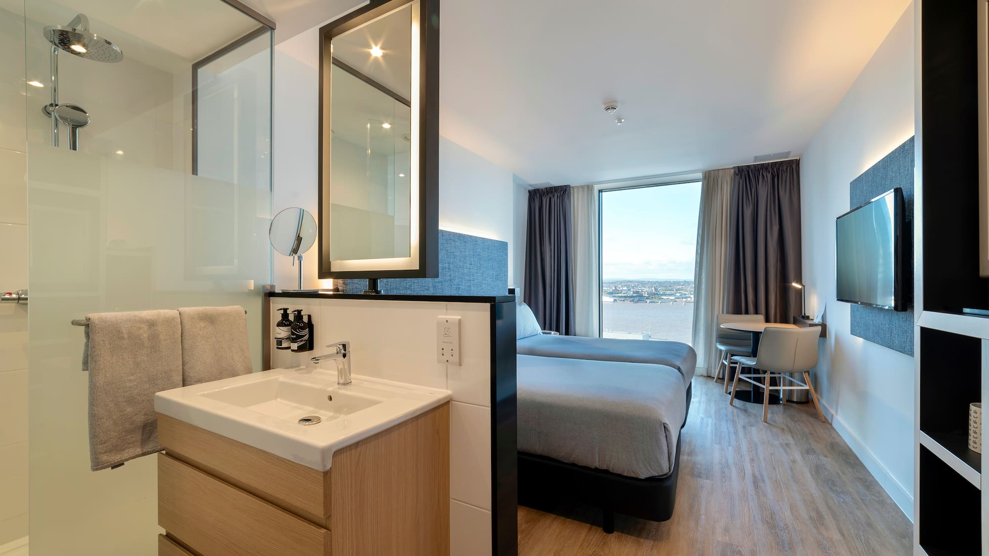 a room with a bed and sink