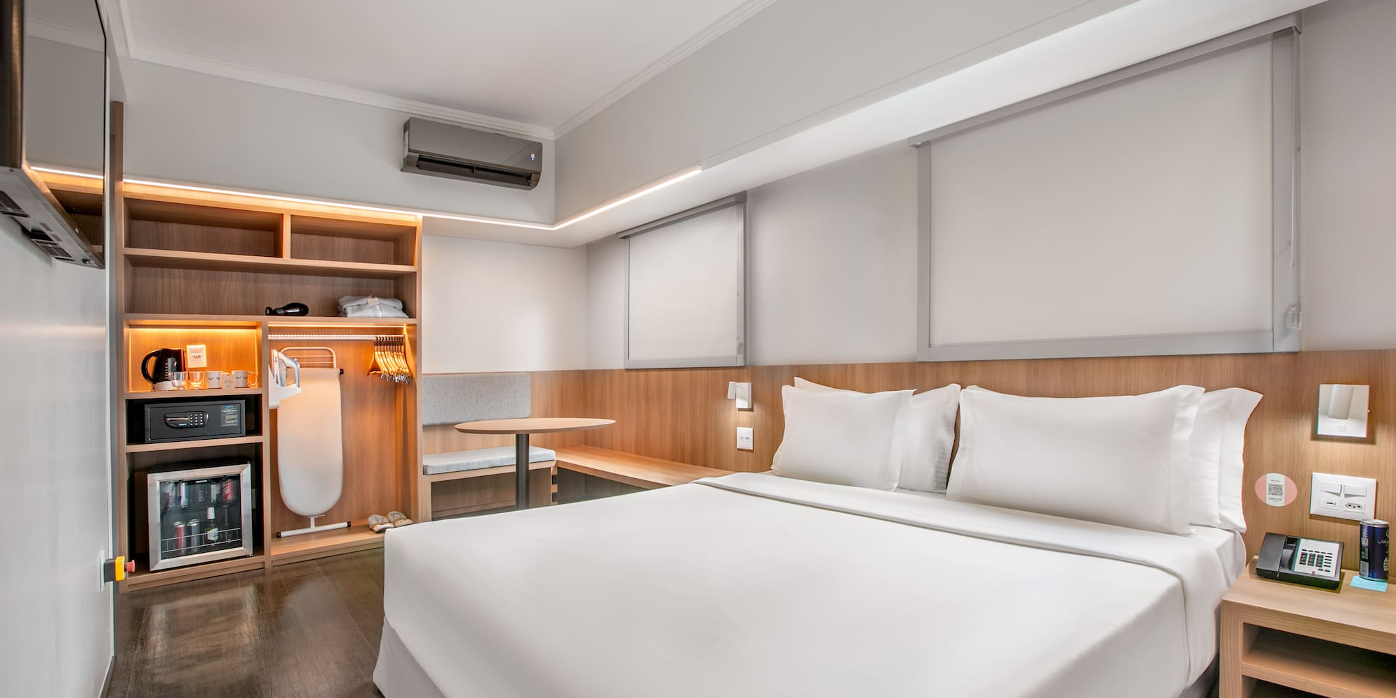 a room with a bed and a table