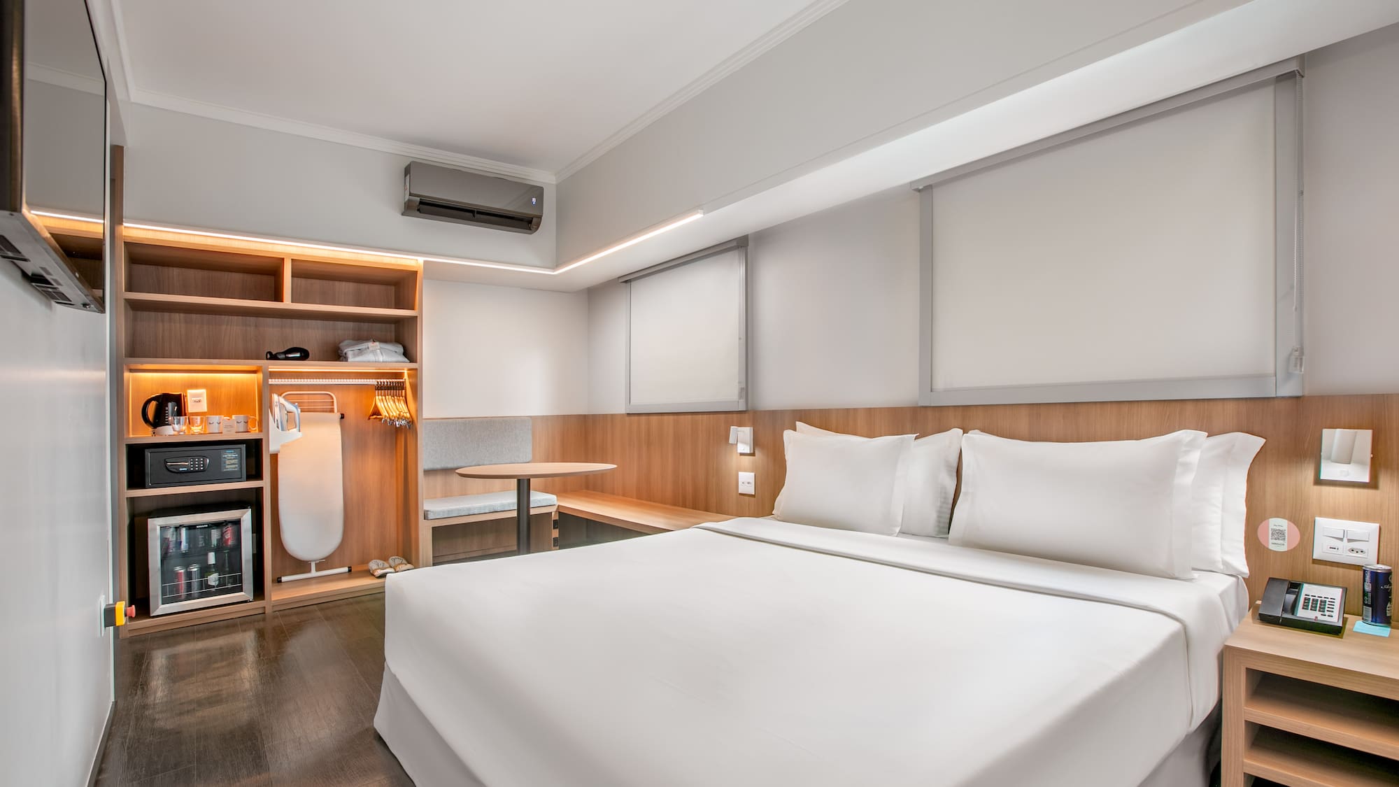 a room with a bed and a table