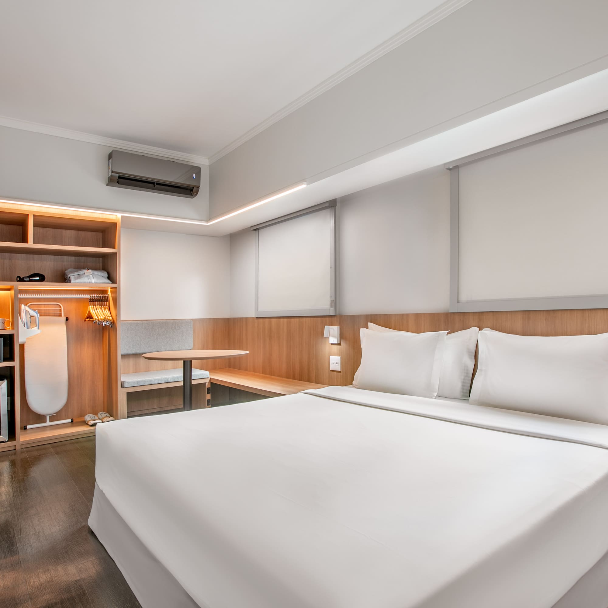 a room with a bed and a table