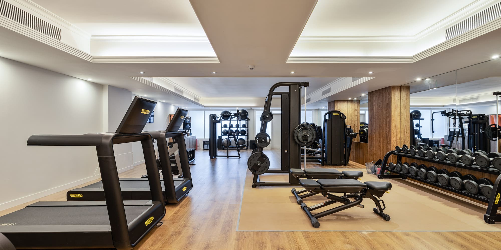 Hotel fitness center with treadmills, free weights, and strength machines.