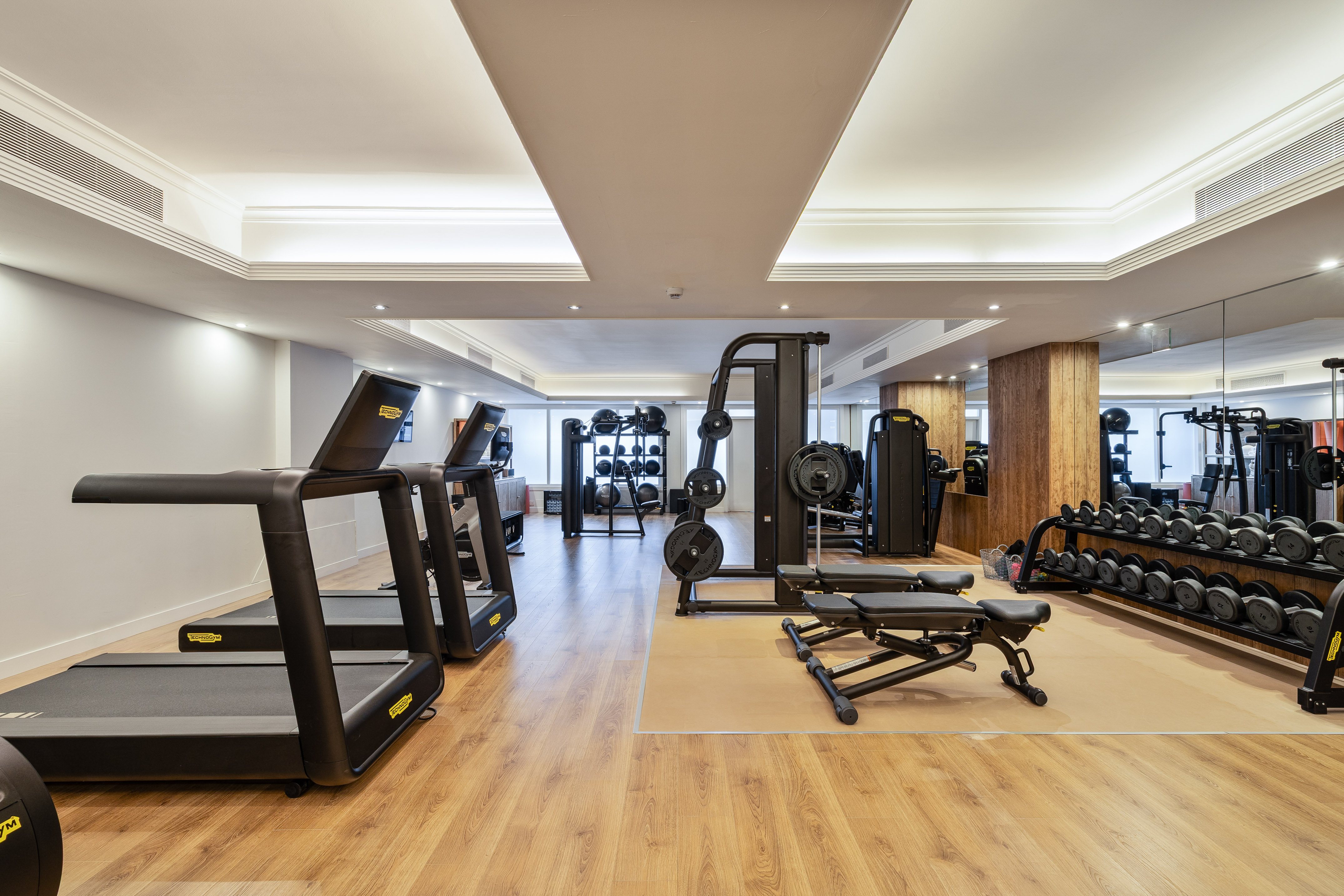 Modern gym with treadmills, weight racks, and strength training machines.