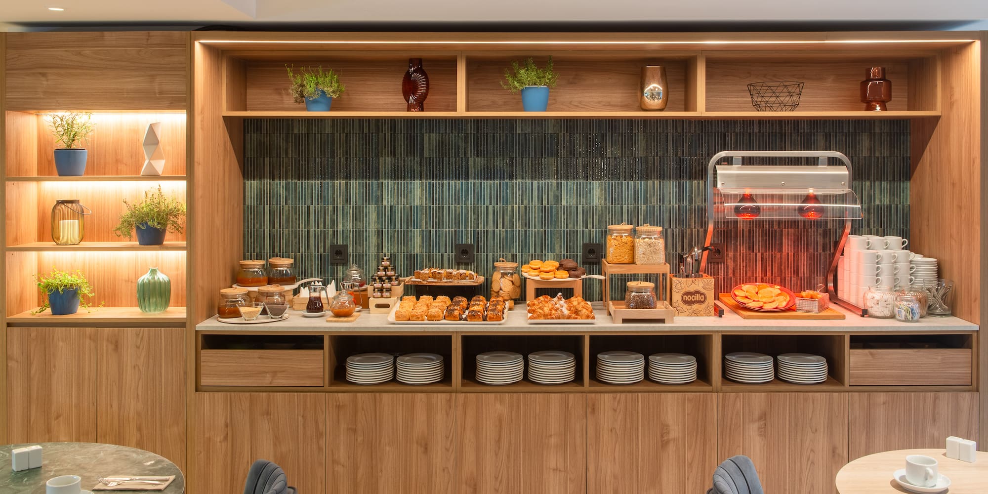 a buffet with food on it