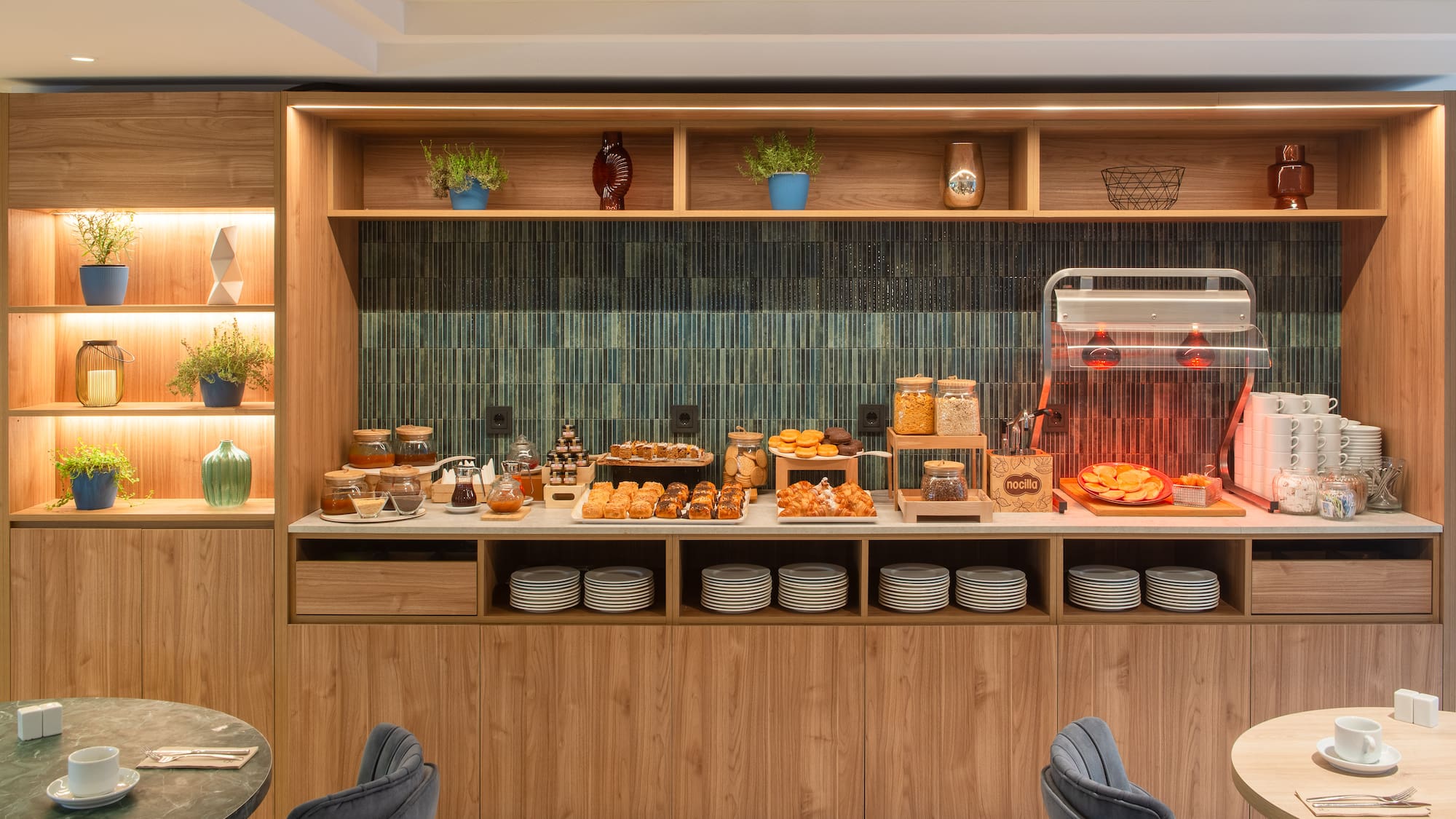 a buffet with food on it