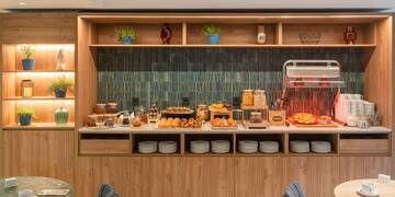 a buffet with food on it