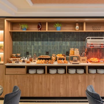 a buffet with food on it