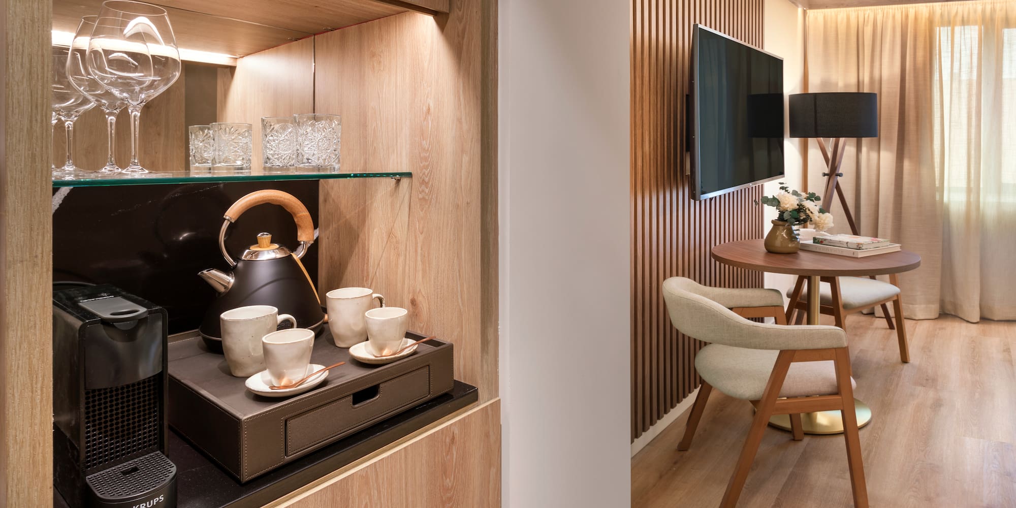 a room with a tv and a table