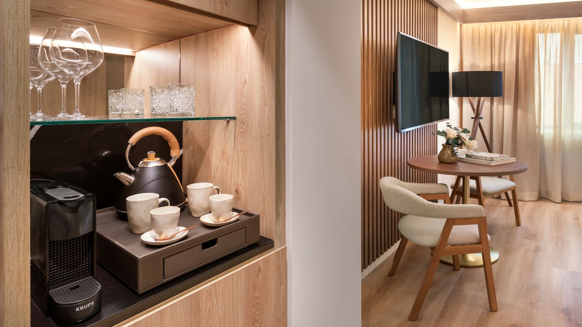 a room with a tv and a table