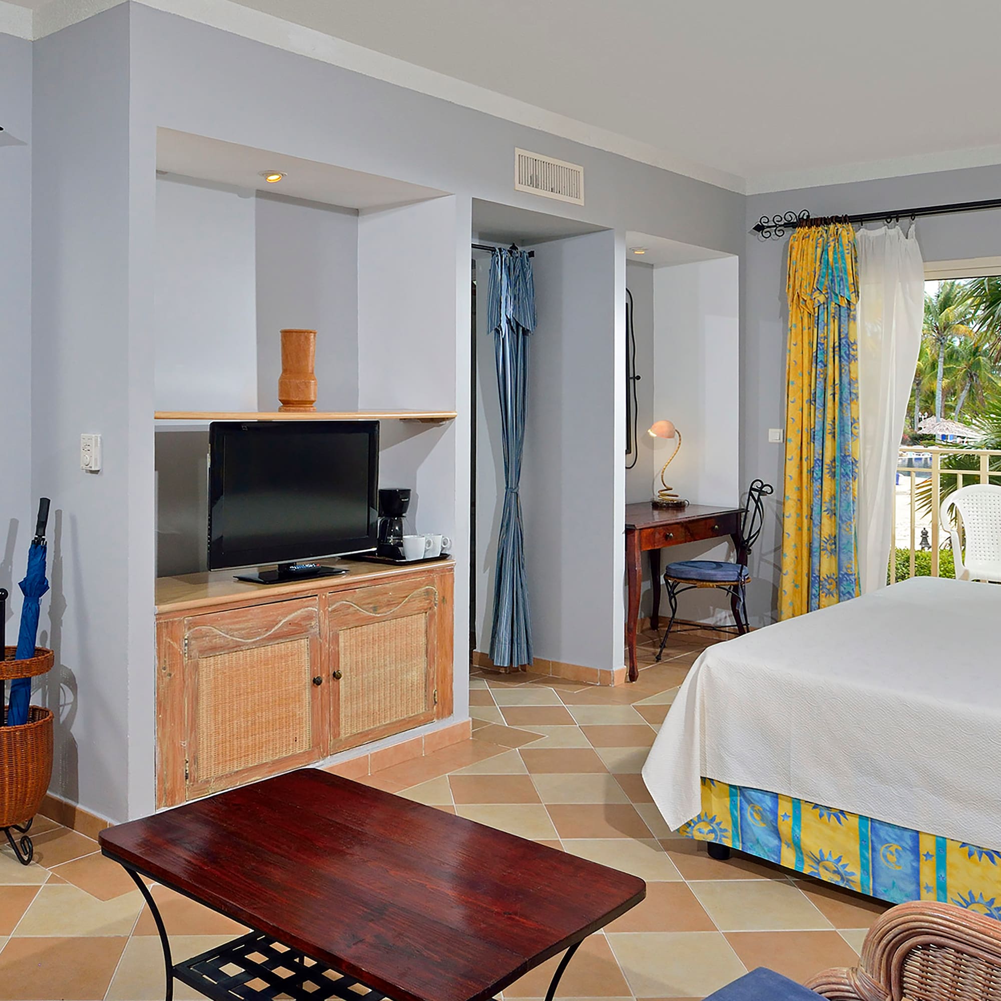 a room with a bed and a table