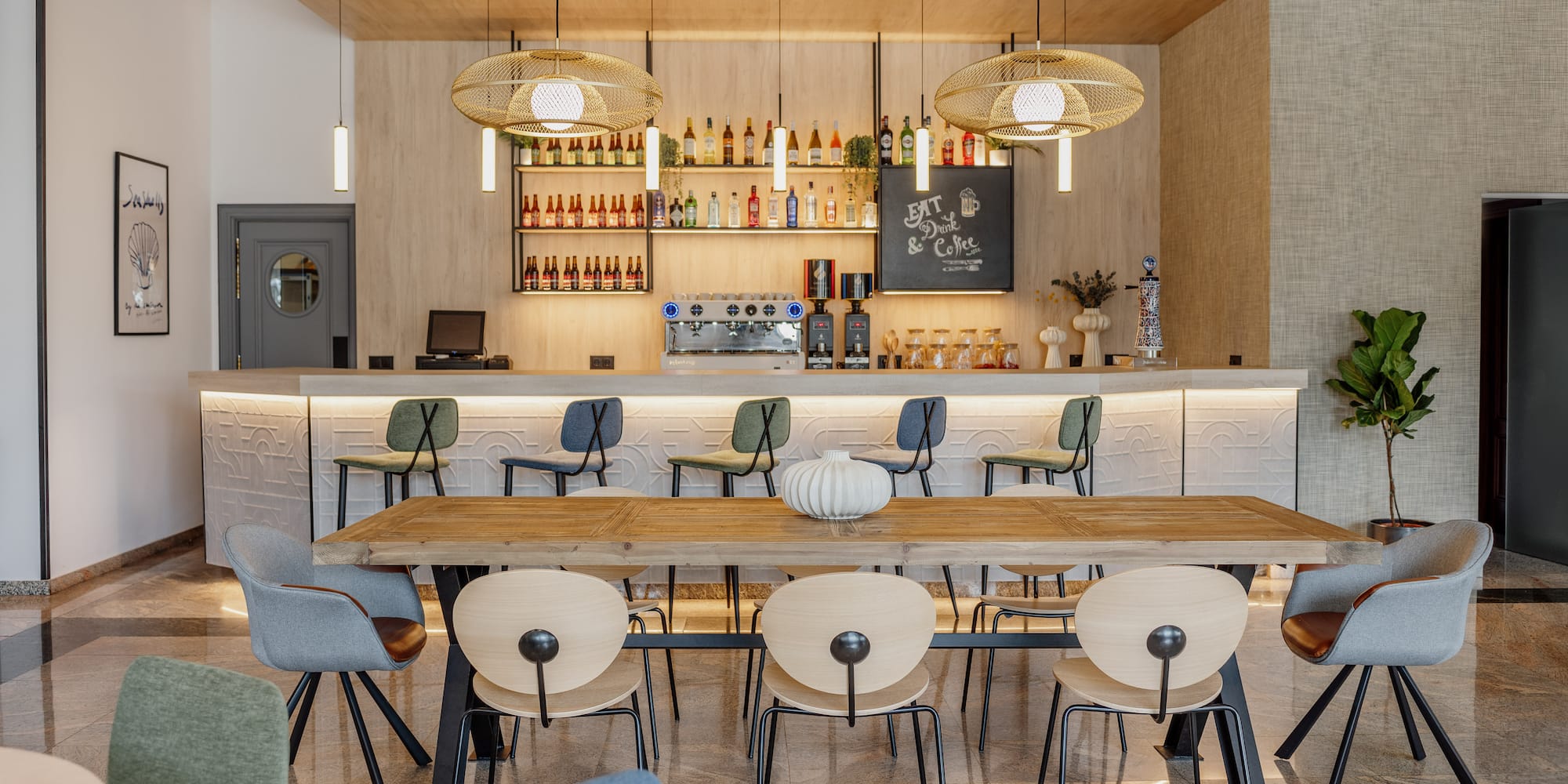 a room with a table and chairs