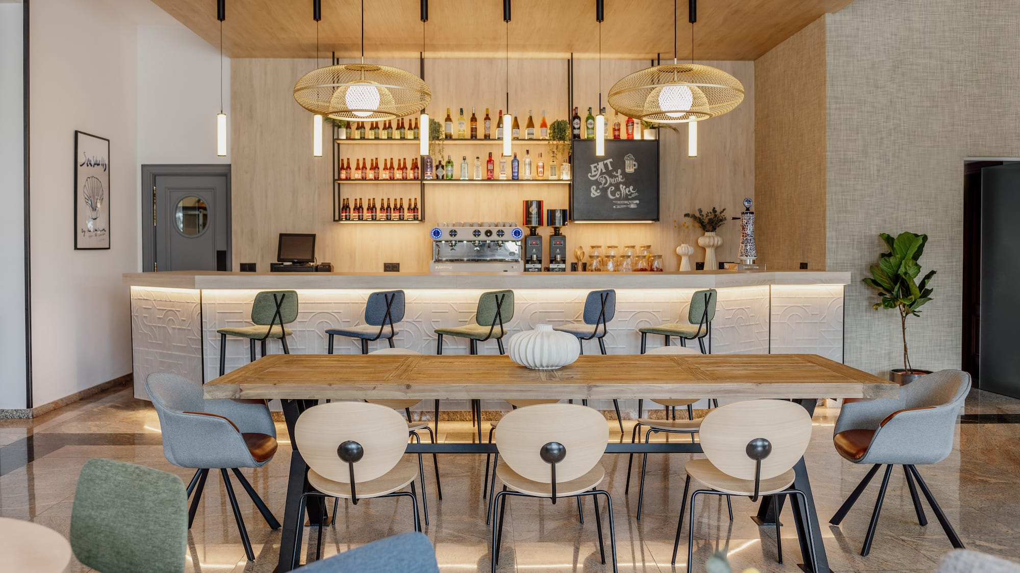 a room with a table and chairs