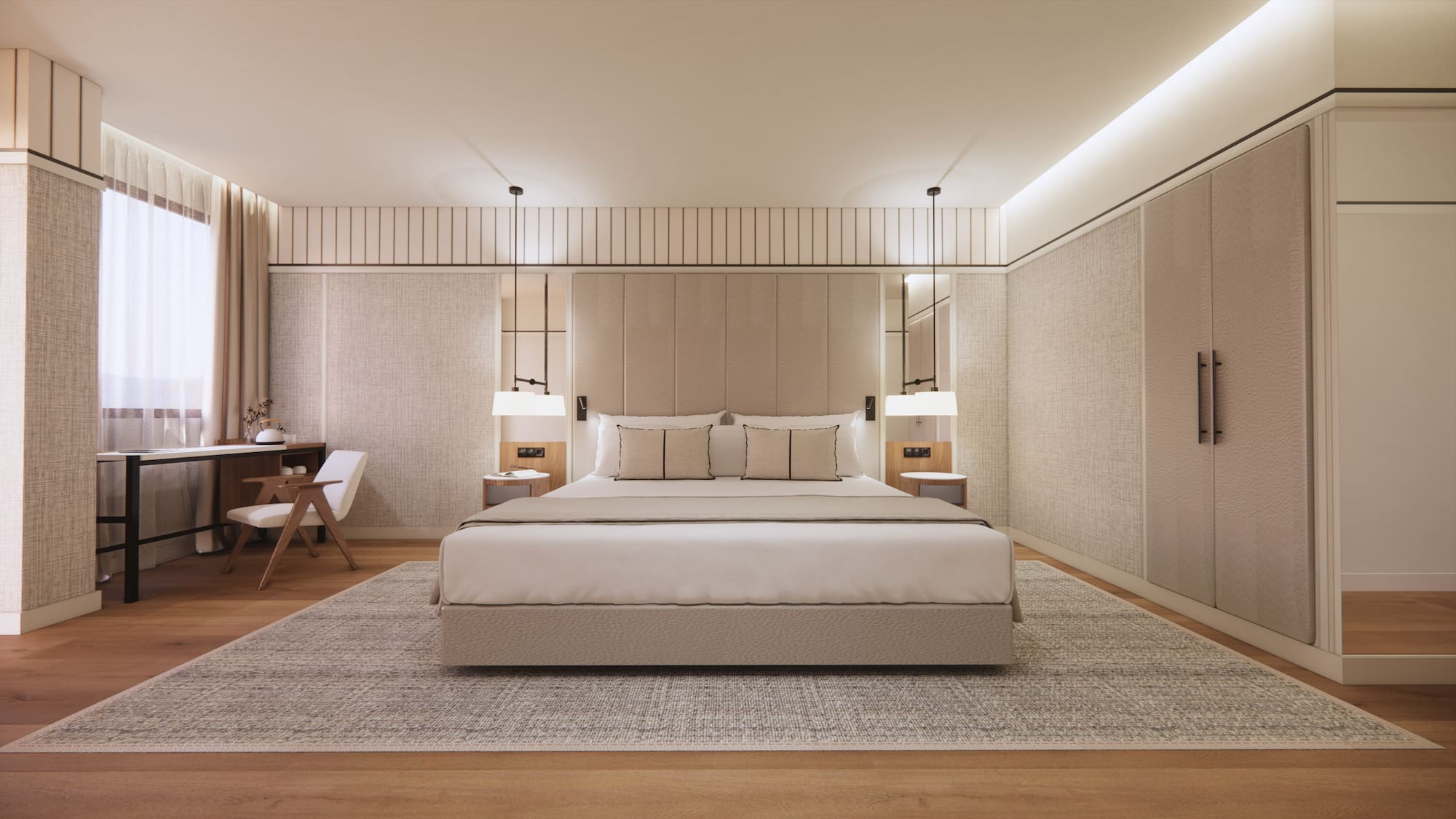 Modernes Schlafzimmer in Beigetönen mit großem Doppelbett, Schreibtisch und Kleiderschrank - Superior Room mit Balkon und Poolblick - Hotel Golf Santa Ponsa Meliá Collection, Mallorca