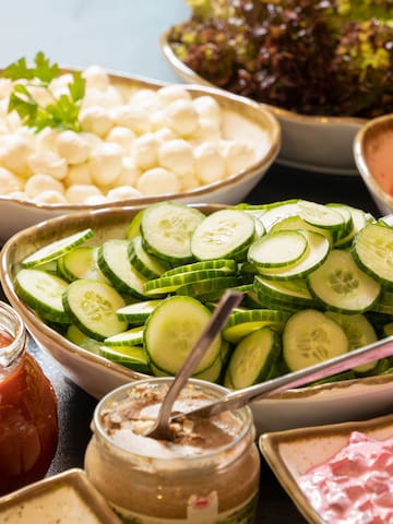 a group of bowls of food